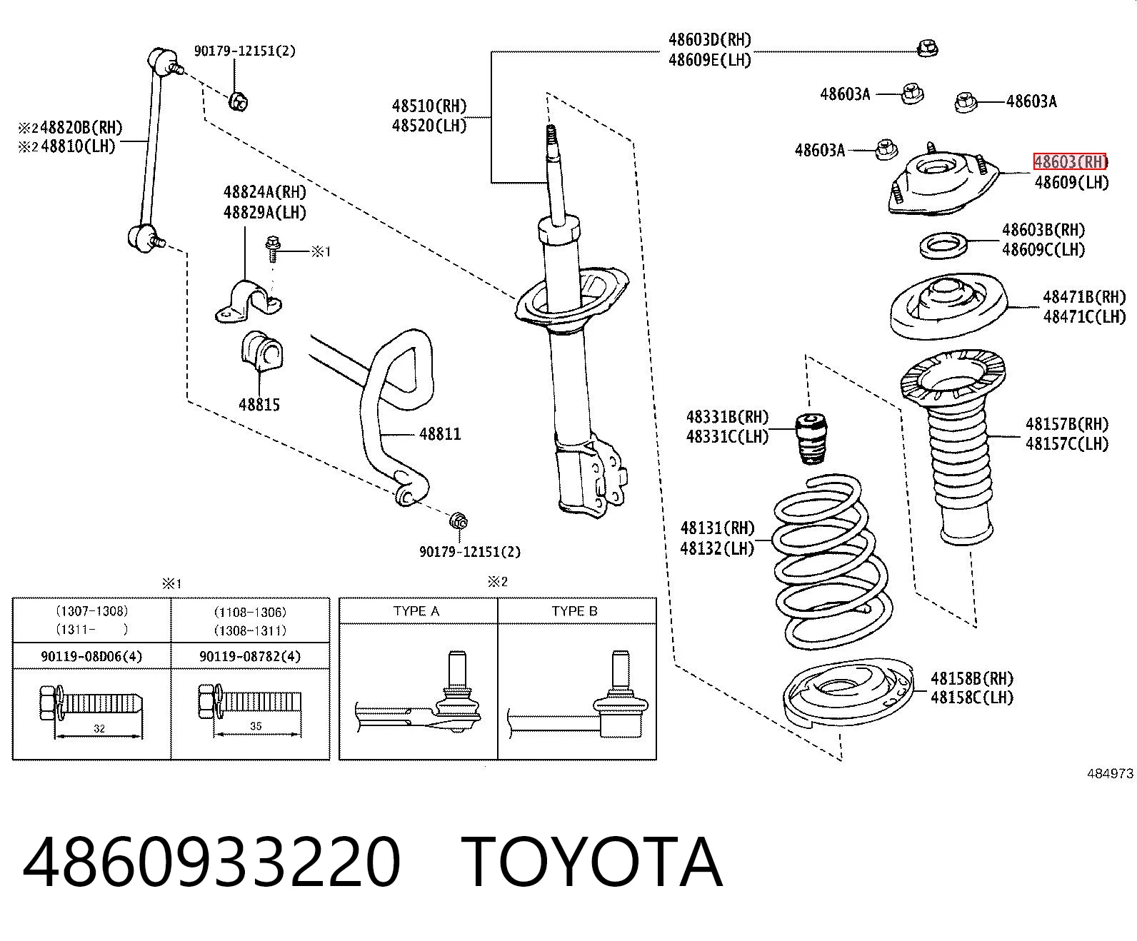 4860933220 Toyota Poduszka amortyzatora przedniego