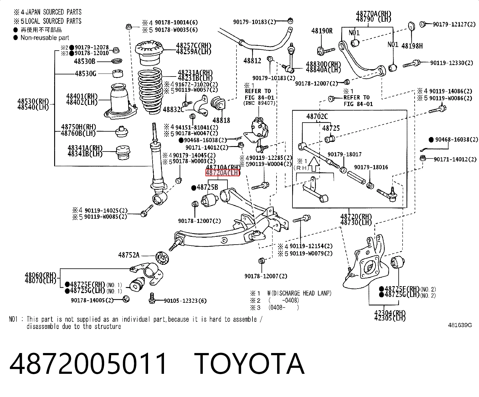 4872005011 Toyota Wahacz zawieszenia tylnego dolny lewy