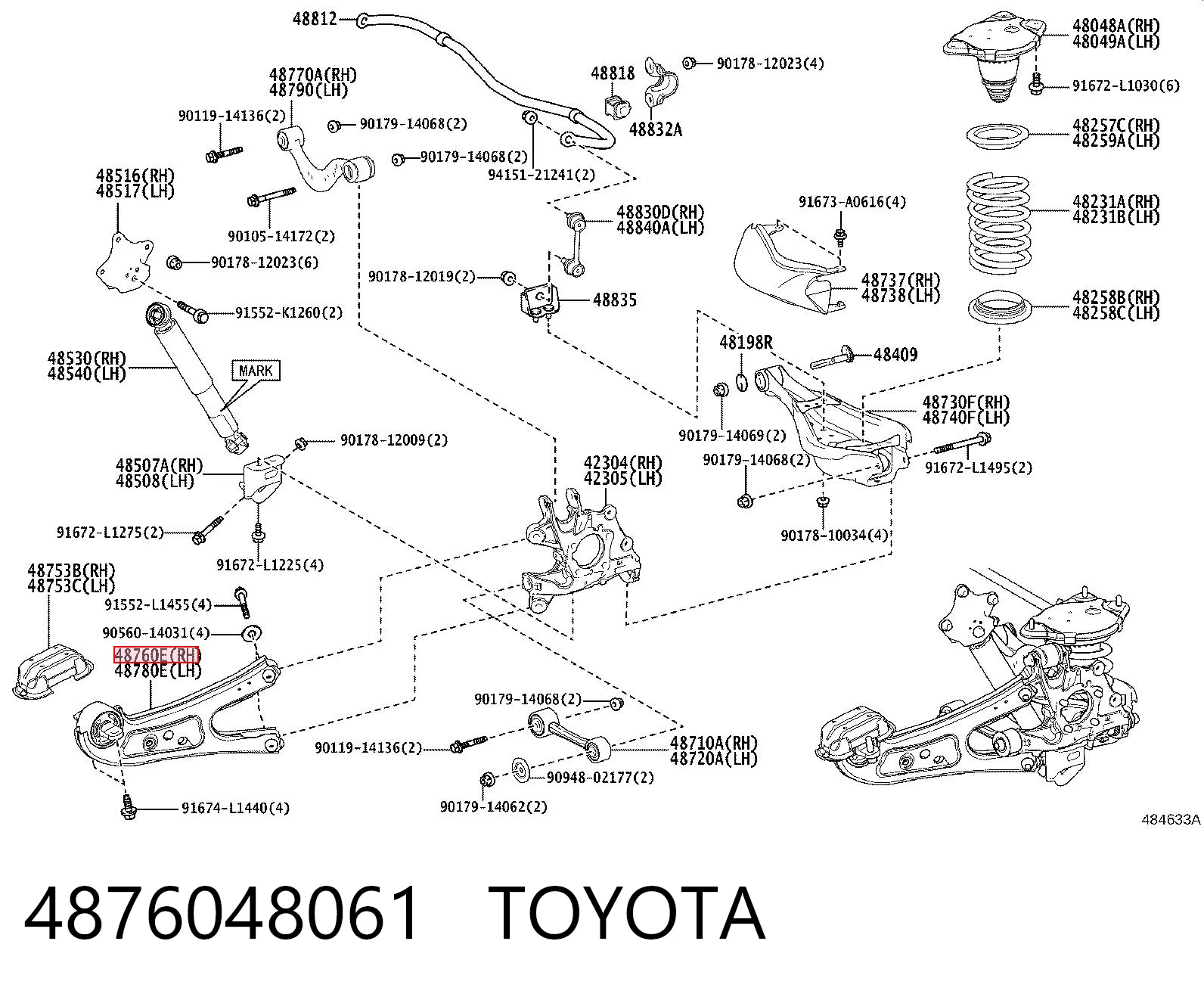 4876048061 Toyota Wahacz (drążek) zawieszenia tylnego podłużny dolny prawy