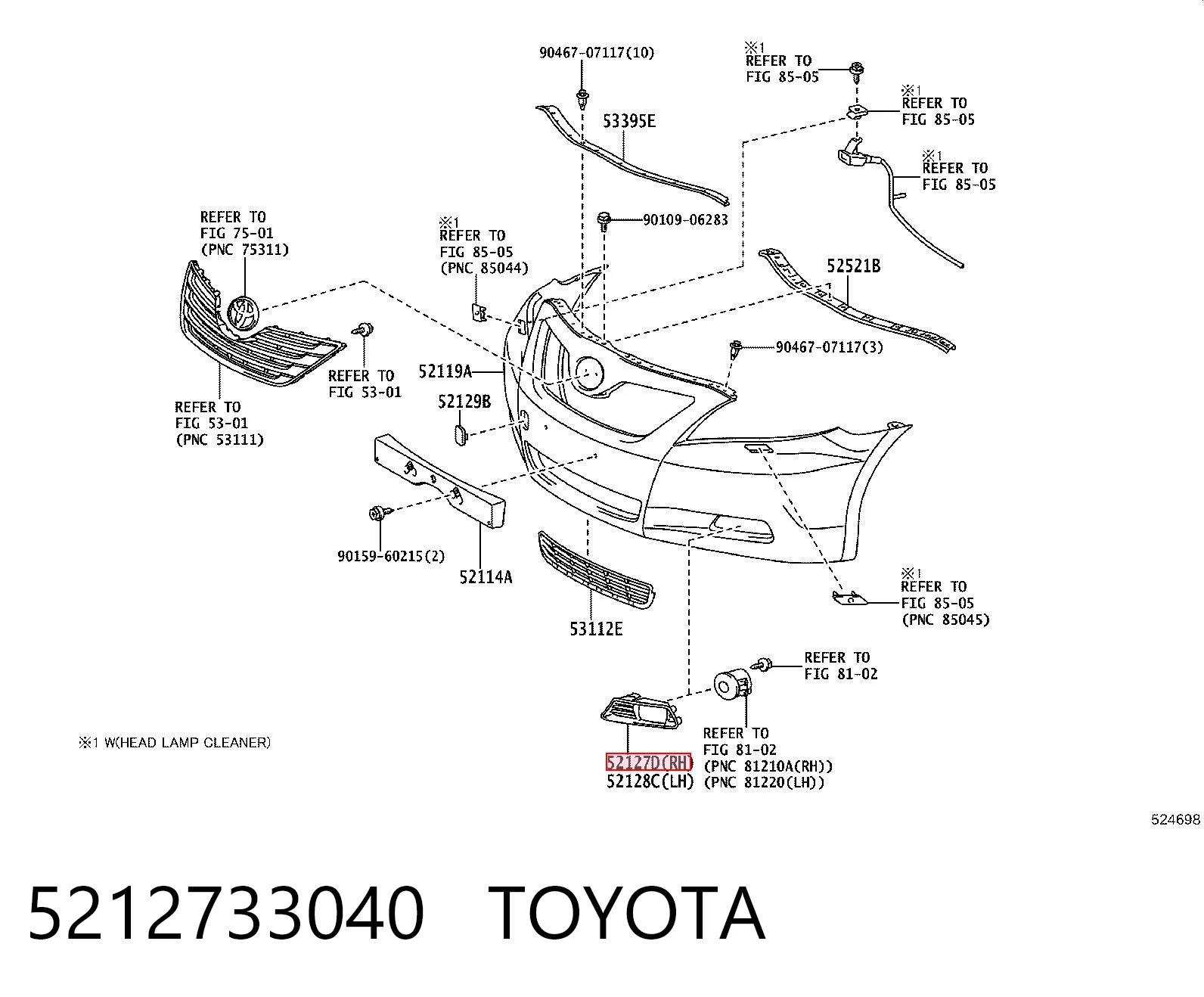 5212733040 Toyota Zaślepka (kratka) lamp przeciwmgielnych zderzaka przedniego prawa