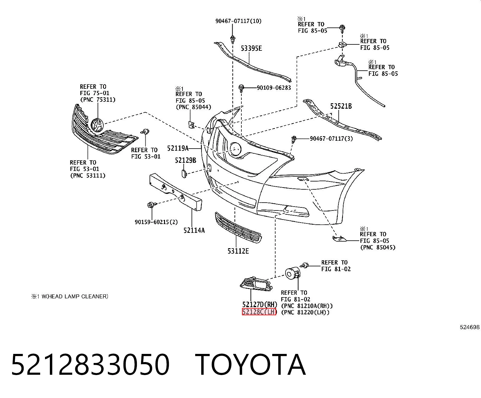 5212833050 Toyota Zaślepka (kratki) lamp przeciwmgielnych zderzaka przedniego lewa