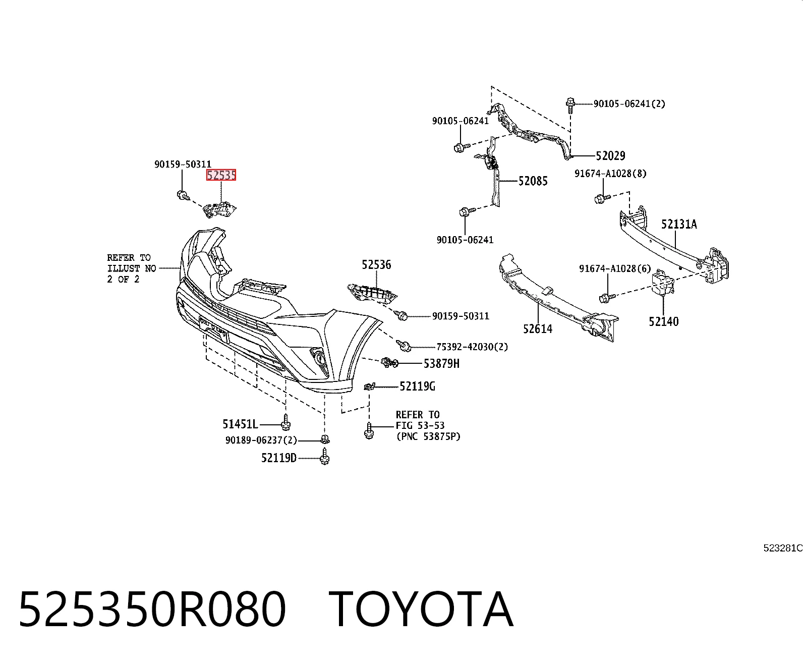 525350R080 Toyota Wspornik zderzaka przedniego prawy