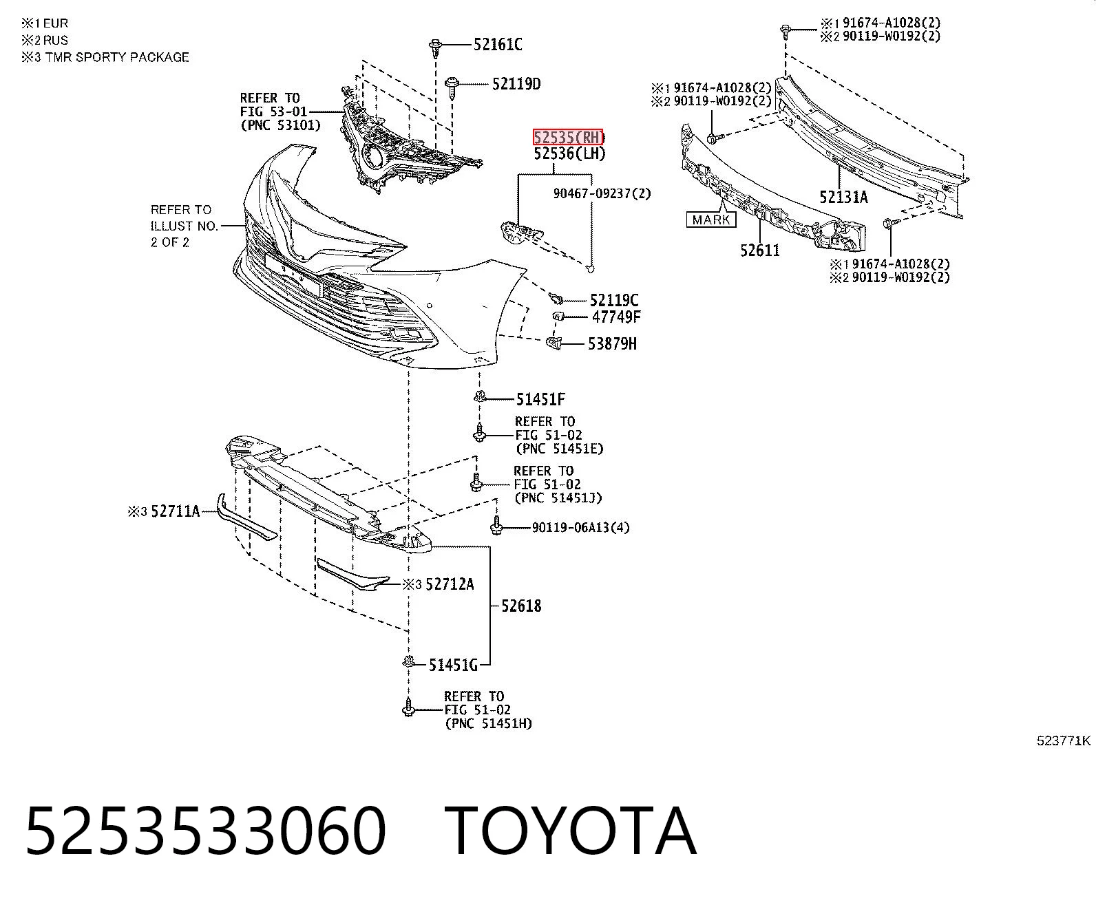 5253533060 Toyota Wspornik zderzaka przedniego prawy
