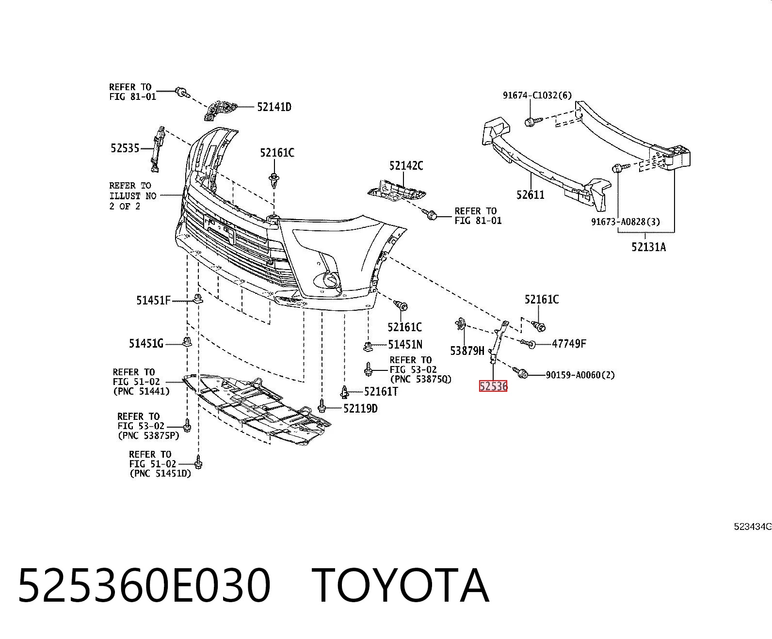 525360E030 Toyota Wspornik zderzaka przedniego lewy