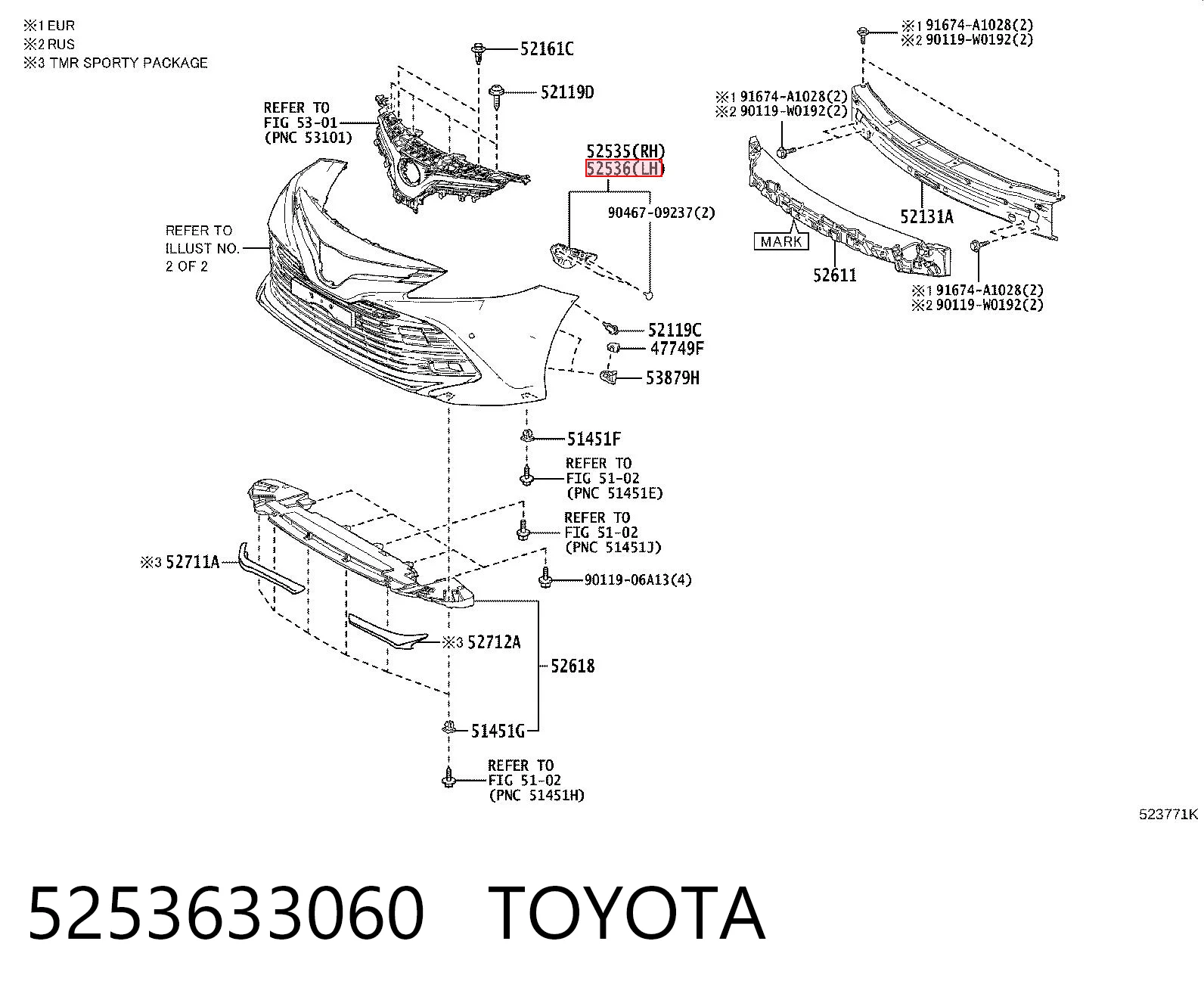 5253633060 Toyota Wspornik zderzaka przedniego lewy