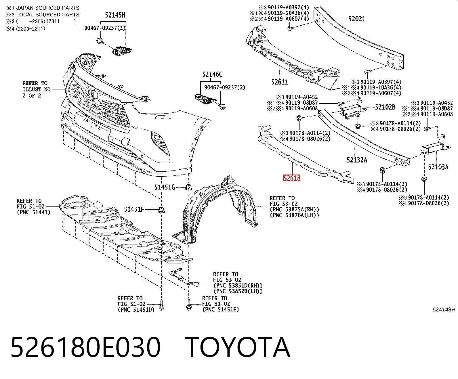 526180E030 Toyota Absorber (wypełniacz) zderzaka przedniego