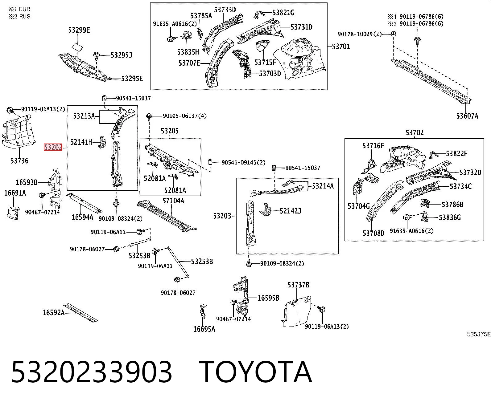 5320233903 Toyota Osłona chłodnicy prawa (panel mocowania reflektorów)