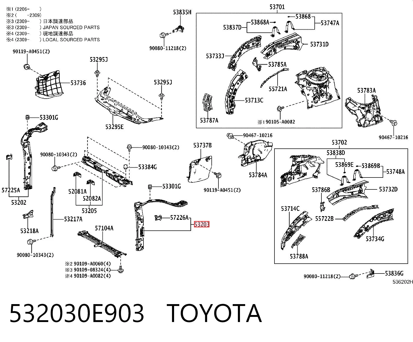 532030E903 Toyota Osłona chłodnicy lewa (panel mocowania reflektorów)