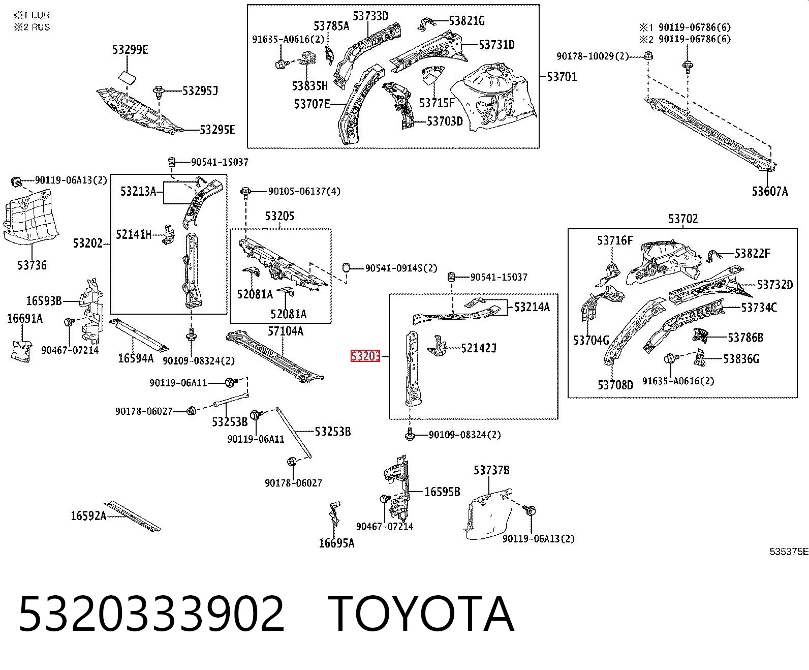 5320333902 Toyota Osłona chłodnicy lewa (panel mocowania reflektorów)