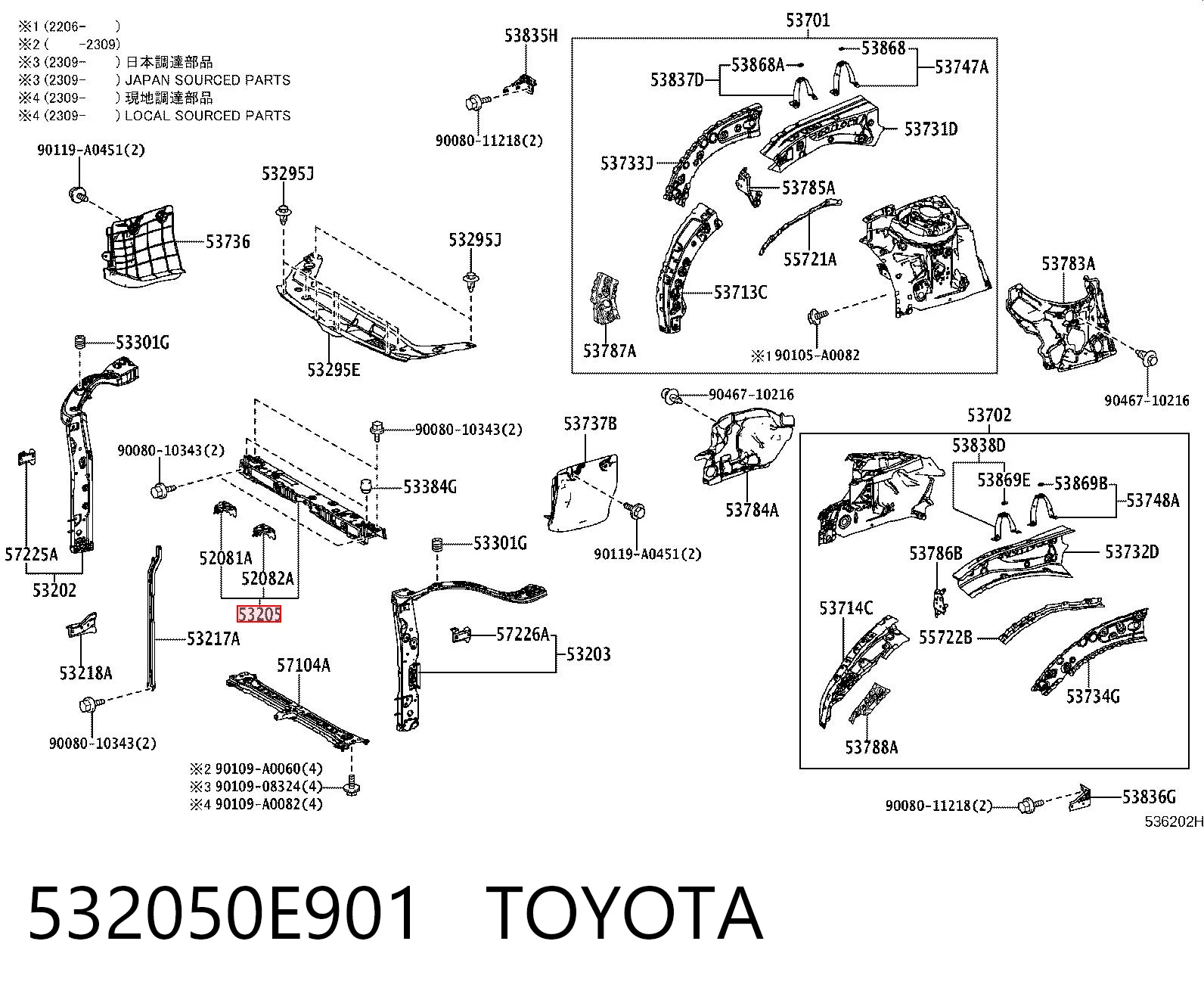 532050E901 Toyota Osłona chłodnicy górna (panel mocowania reflektorów)
