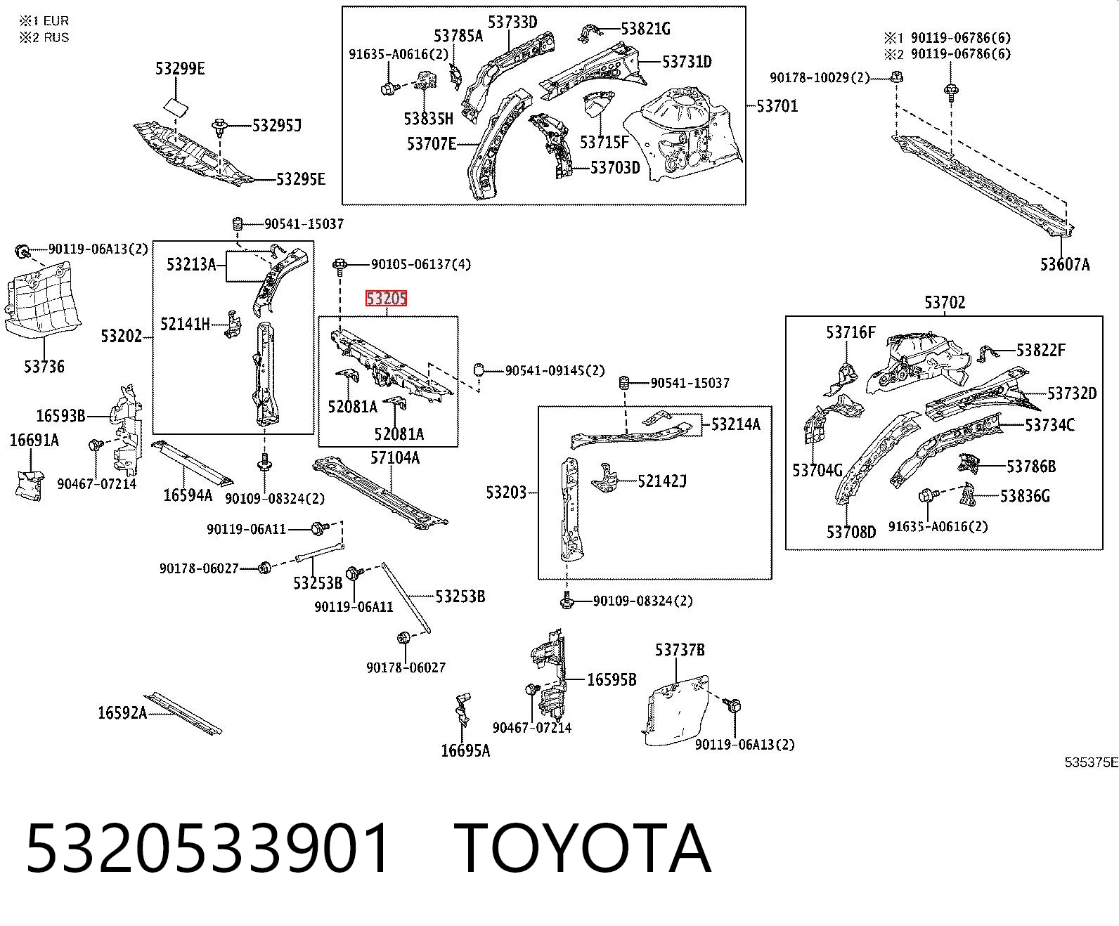 5320533901 Toyota Osłona chłodnicy kompletna (panel mocowania reflektorów)