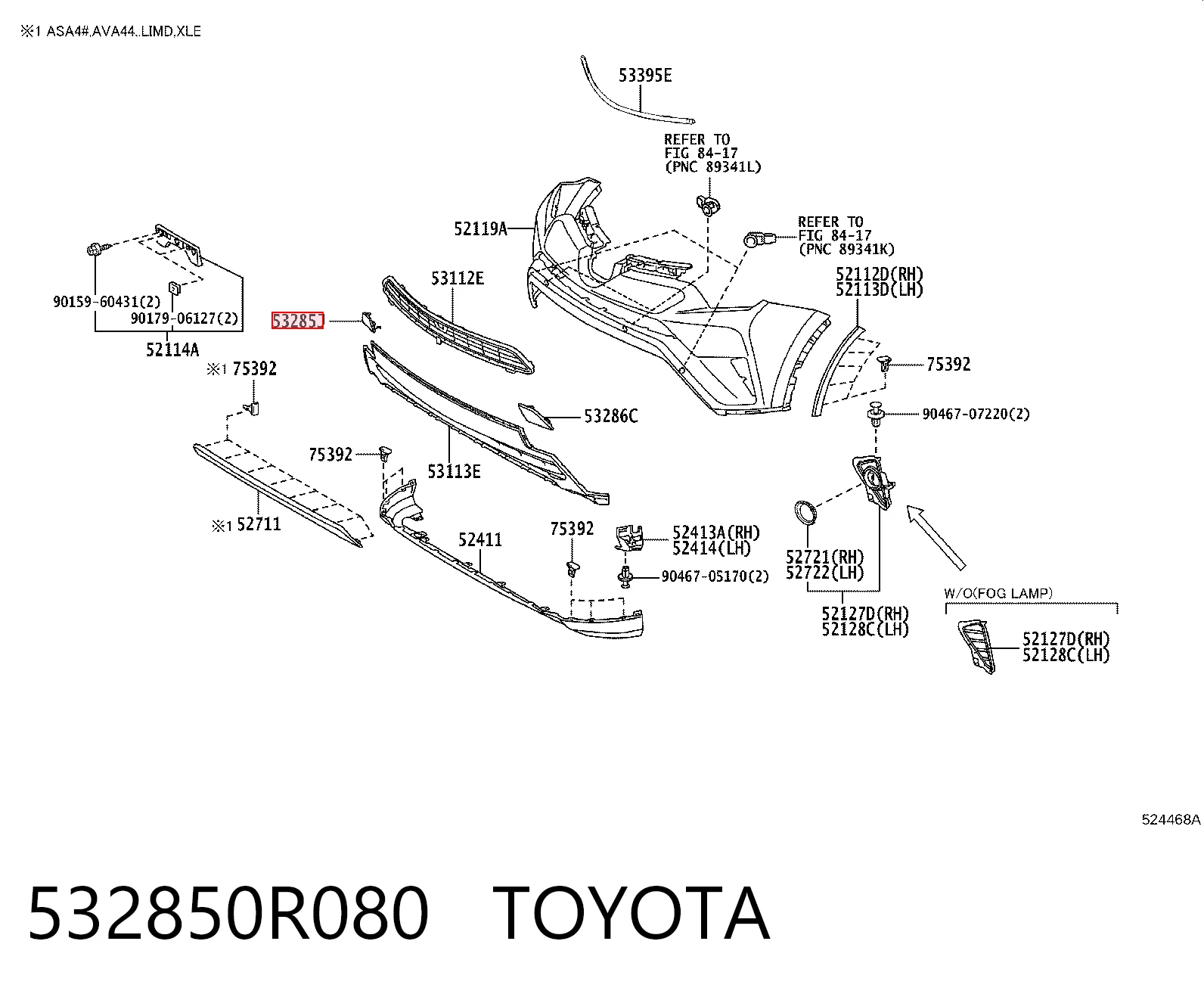 532850R080 Toyota Zaślepka zderzaka haka holowniczego przednia prawa