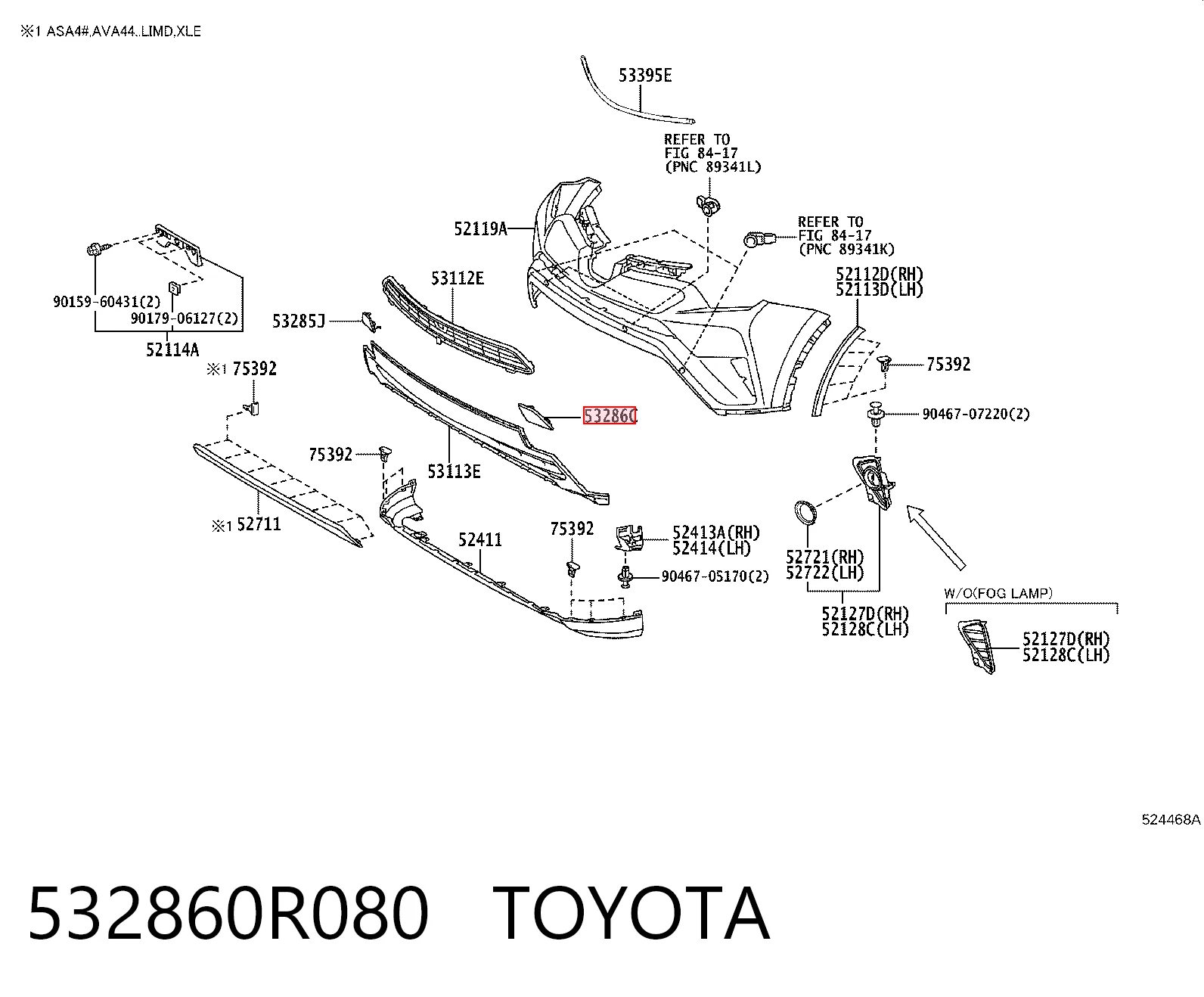 532860R080 Toyota Zaślepka zderzaka haka holowniczego przednia lewa