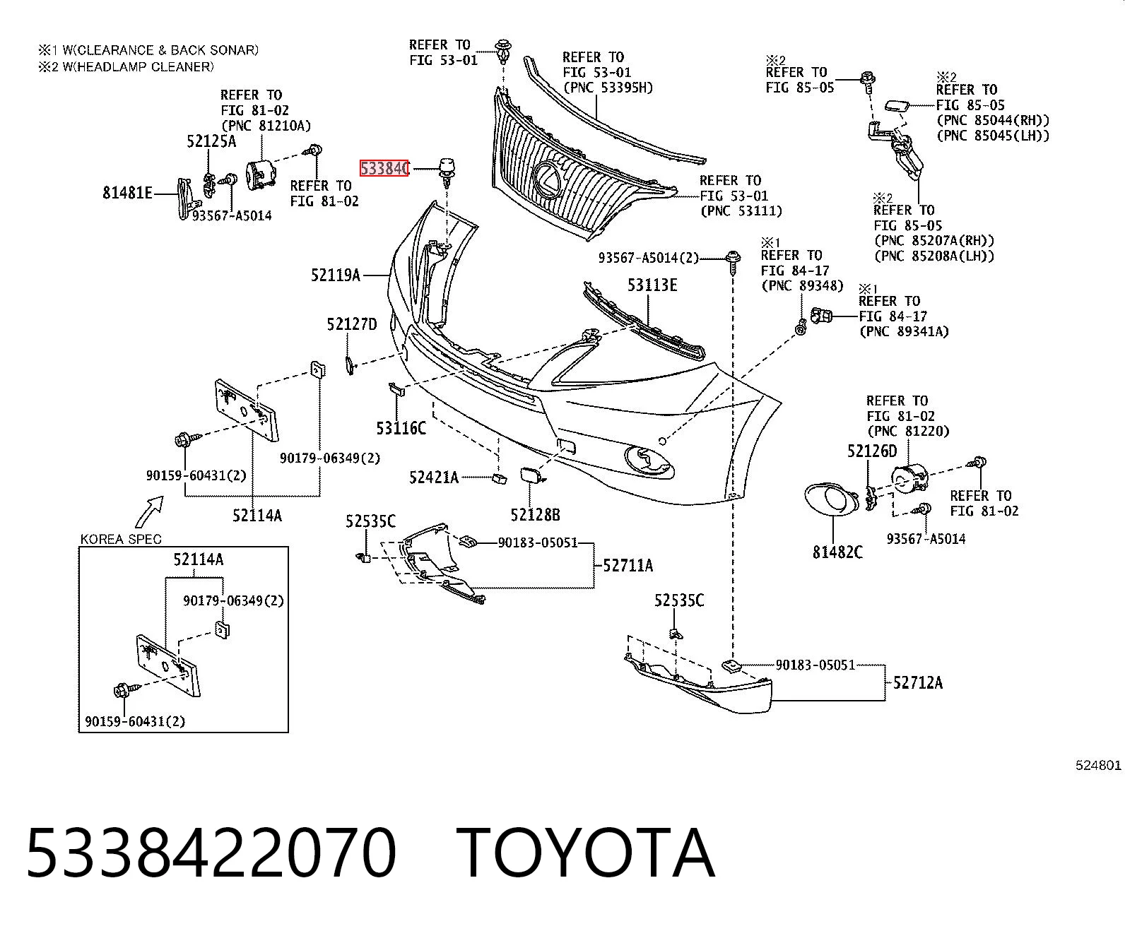 5338422070 Toyota Spinka mocowania atrapy chłodnicy do panelu