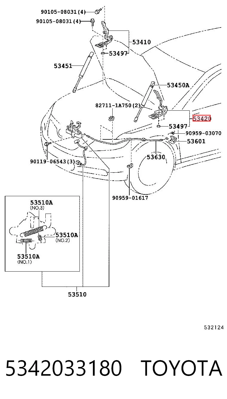 5342033180 Toyota Zawias maski lewy