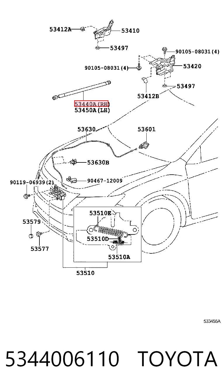 5344006110 Toyota Amortyzator maski prawy = siłownik maski prawy