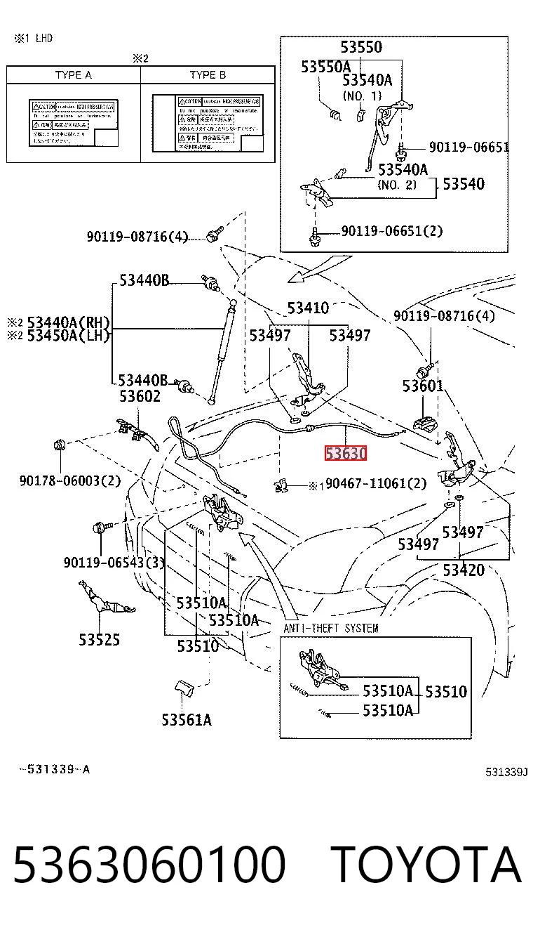 5363060100 Toyota Linka otwierania maski