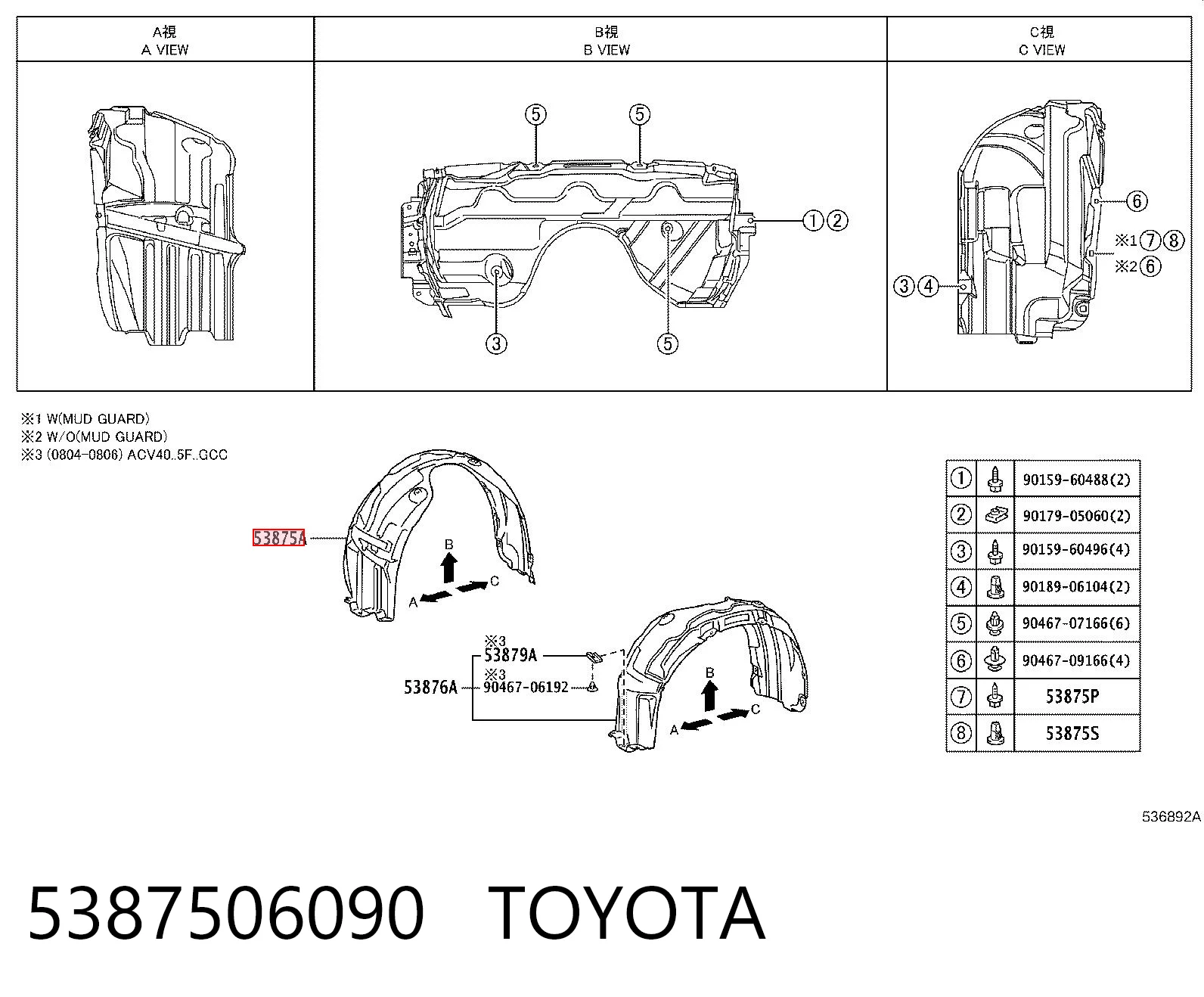 5387506090 Toyota Nadkole błotnika przedniego prawe
