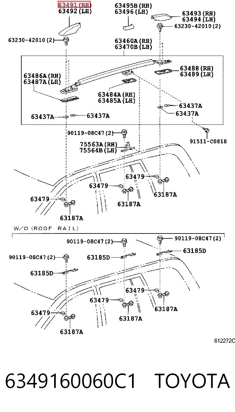 6349160060C1 Toyota Zaślepka szyny (relingu) bagażnika dachowego przednia prawa