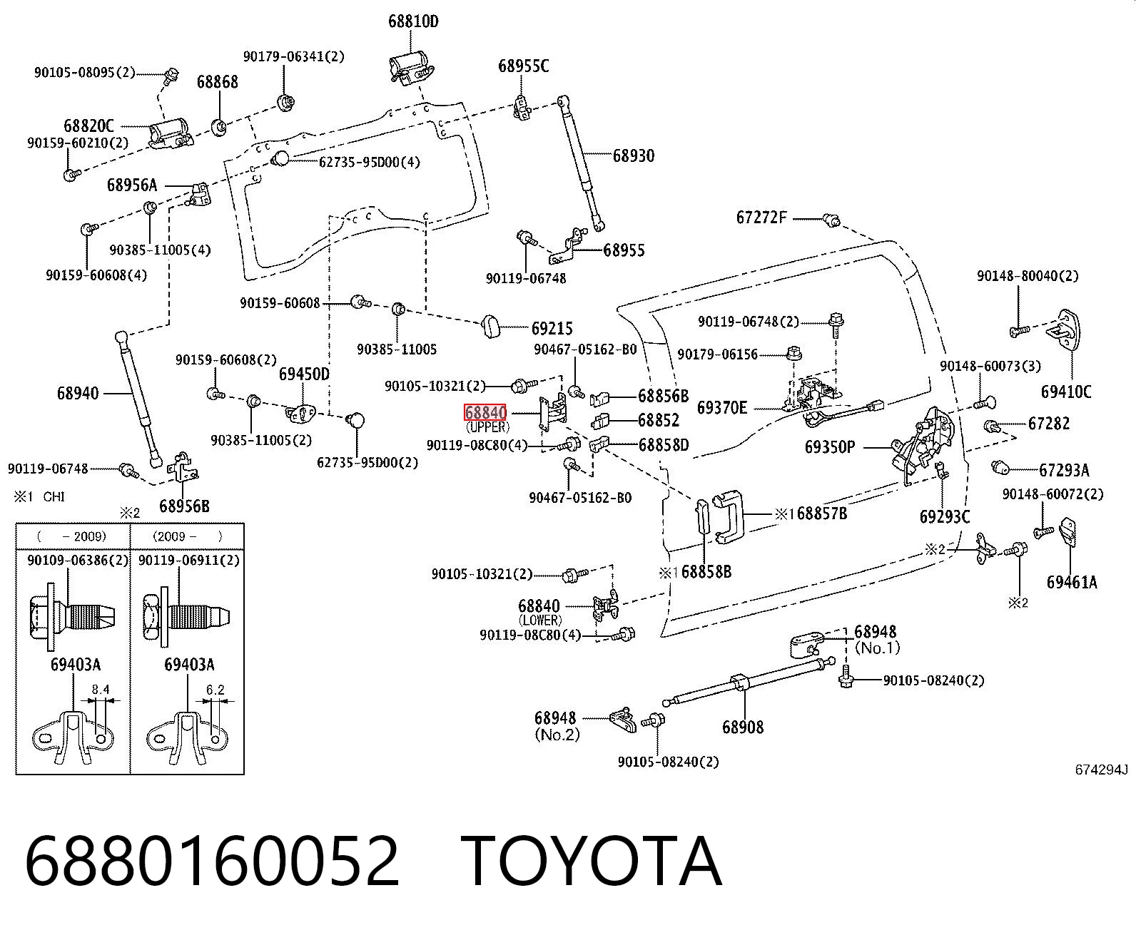 6880160052 Toyota Zawias drzwi tylnych (skrzydłowych) lewy dolny