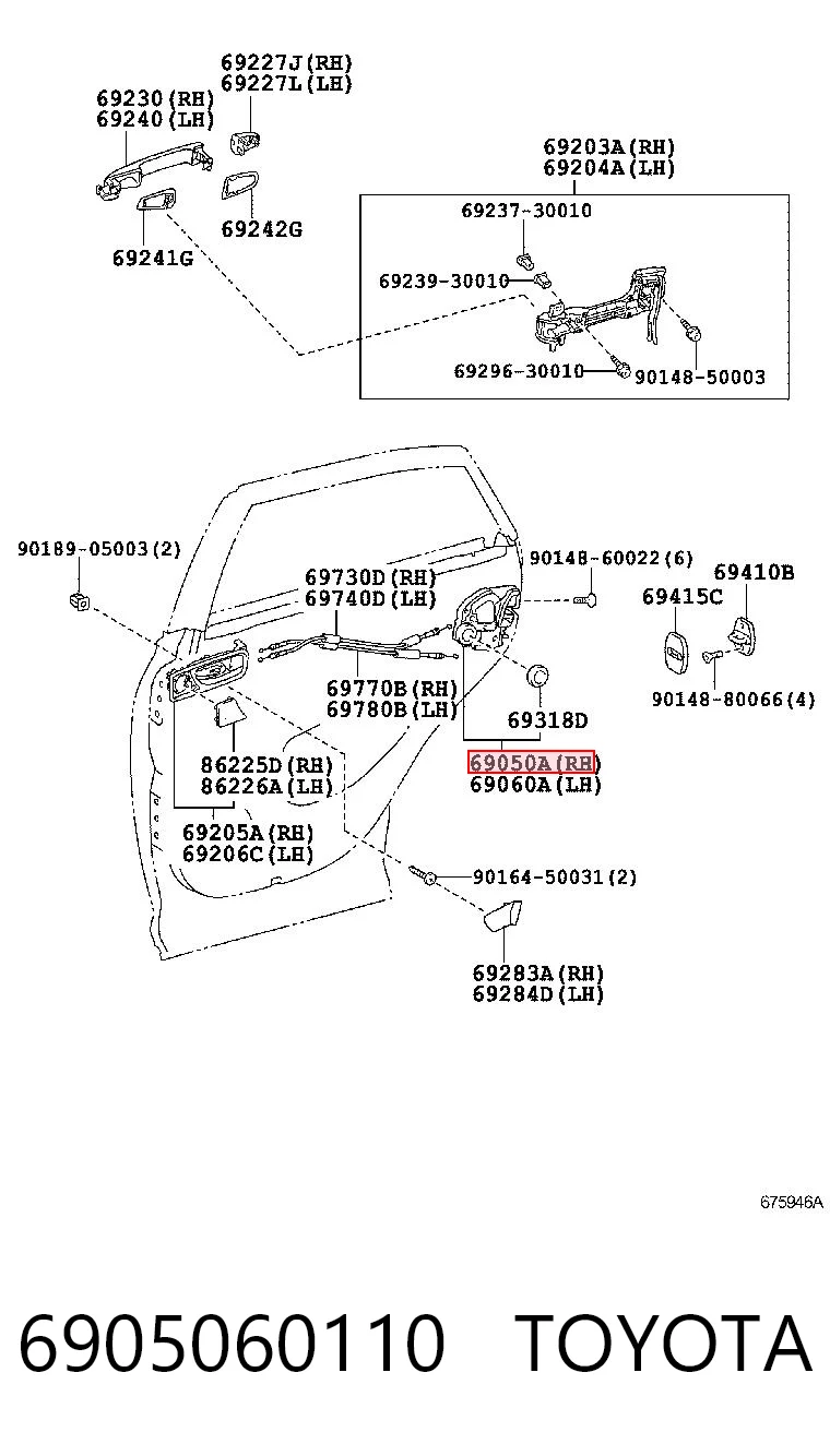 6905060110 Toyota Zamek drzwi tylnych prawych