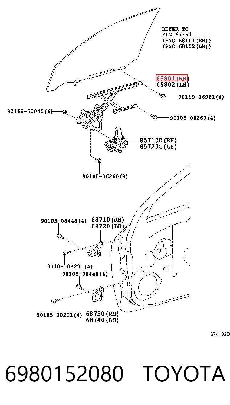 6980152080 Toyota Mechanizm podnoszenia szyby drzwi przednich prawych