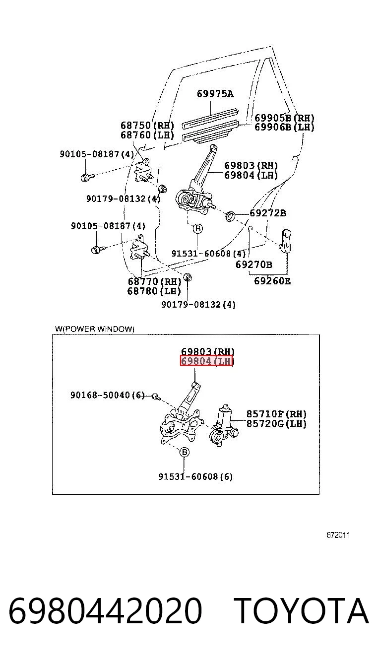 6980442020 Toyota Mechanizm podnoszenia szyby drzwi tylnych lewych