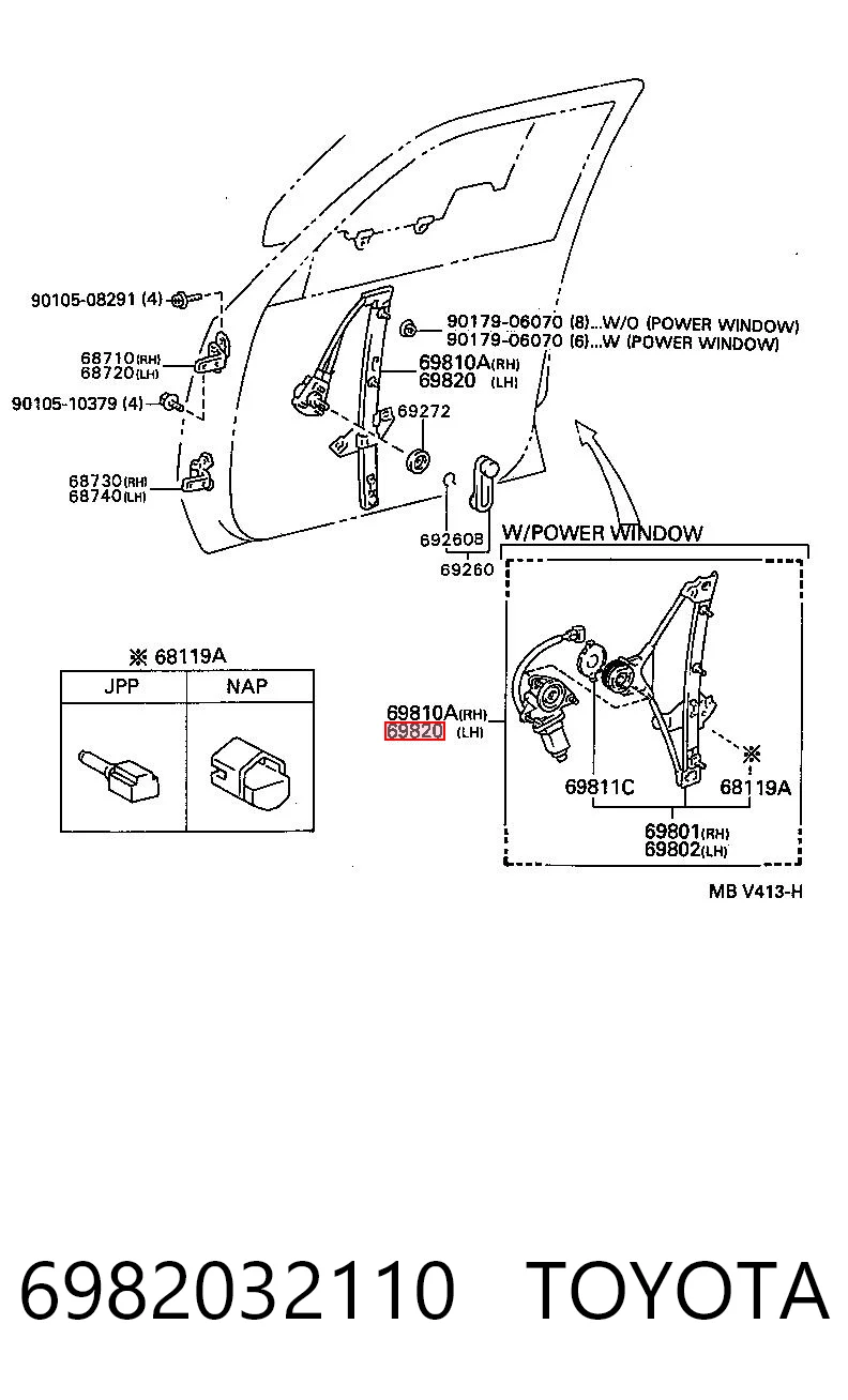 6982032110 Toyota Mechanizm podnoszenia szyby drzwi przednich lewych