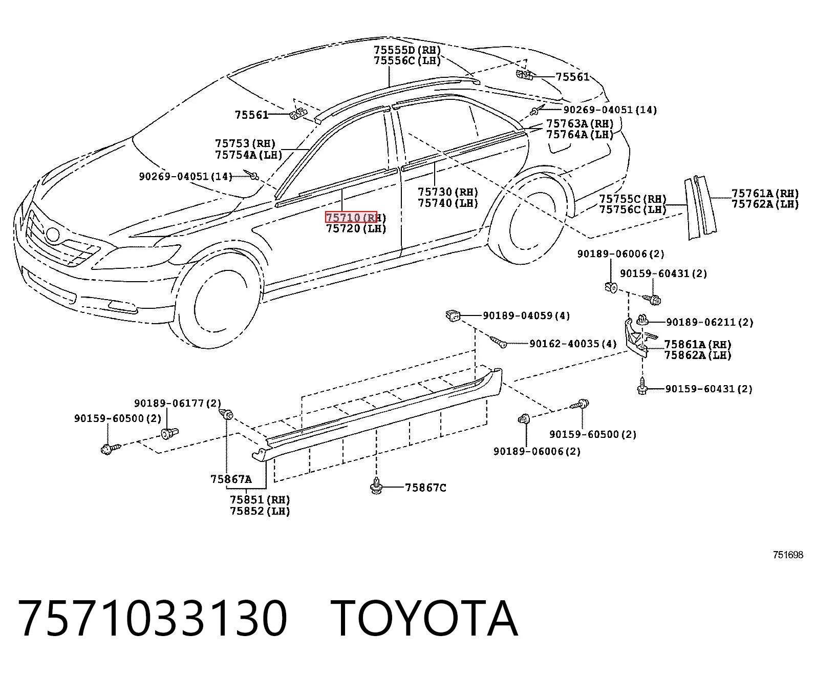 7571033130 Toyota Listwa ochronna szyby drzwi przednich prawych