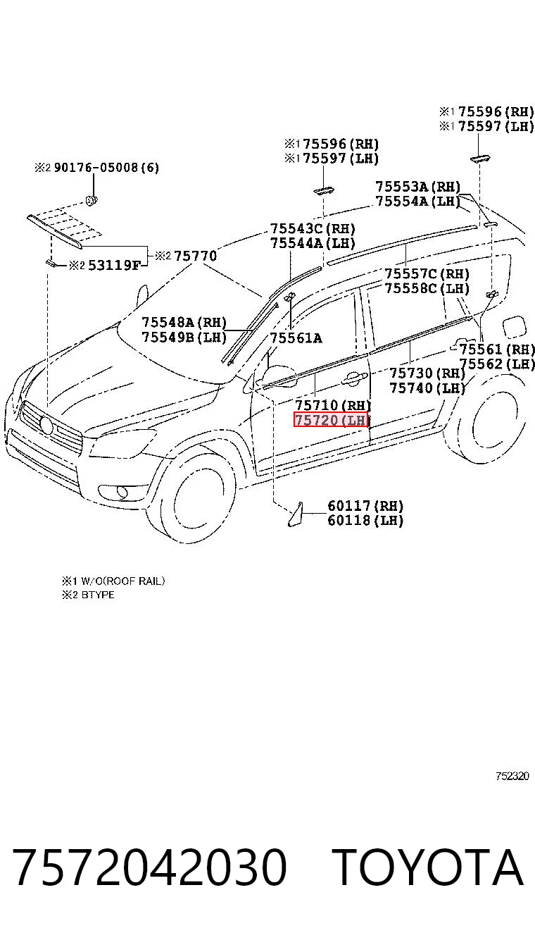 7572042030 Toyota Uszczelniacz szyby drzwi przednich lewych zewnętrzny (listwa)