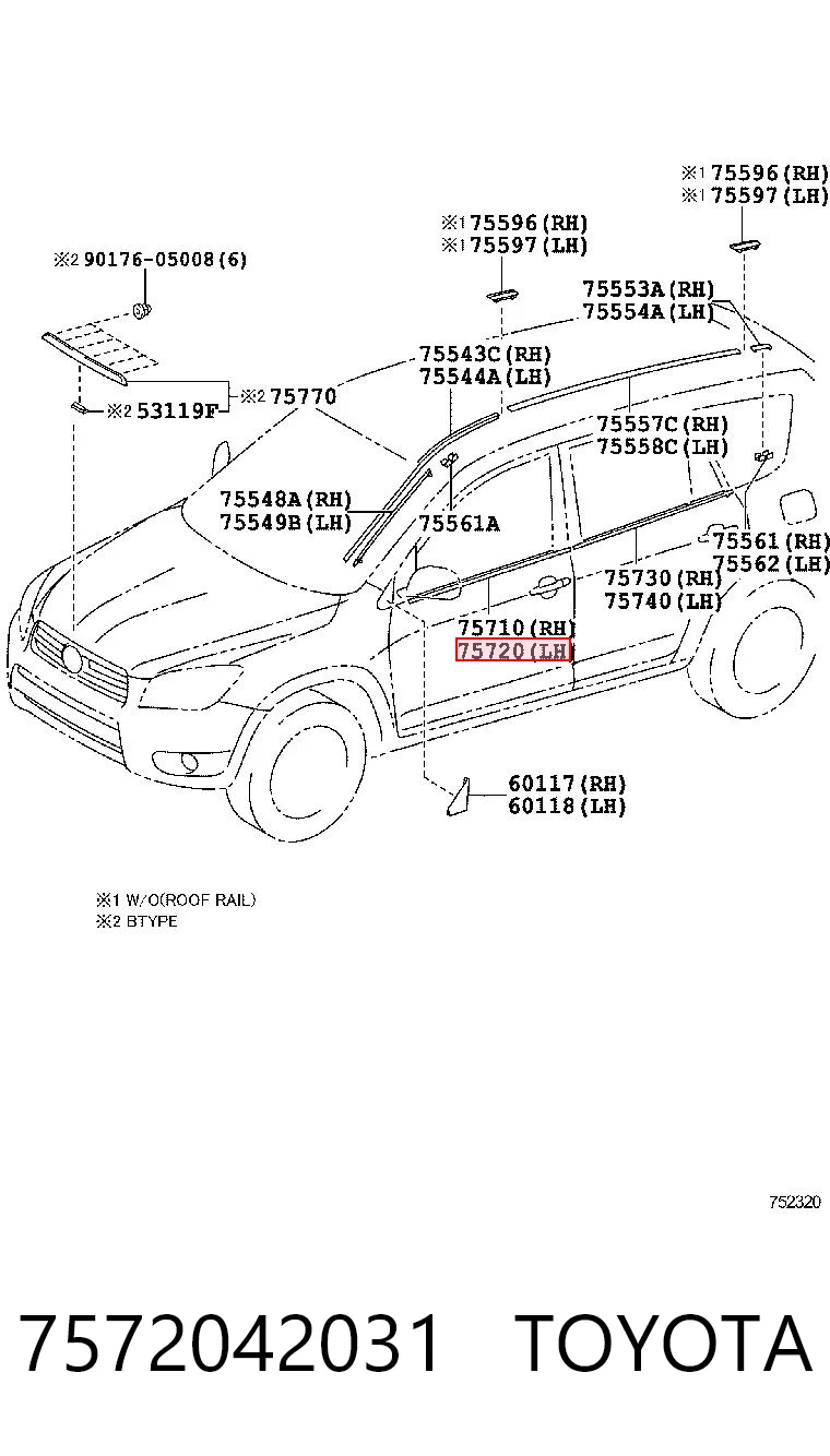 7572042031 Toyota Uszczelniacz szyby drzwi przednich lewych zewnętrzny (listwa)