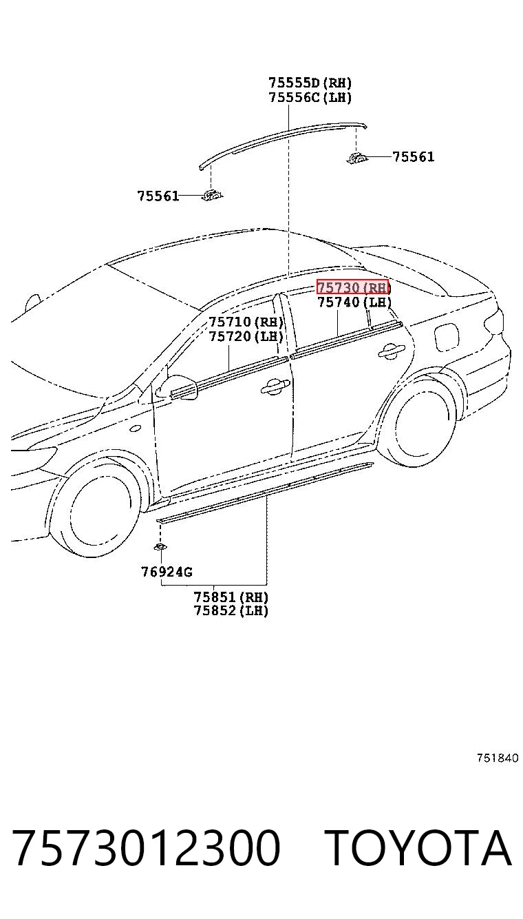 7573012300 Toyota Listwa ochronna szyby drzwi tylnych prawych