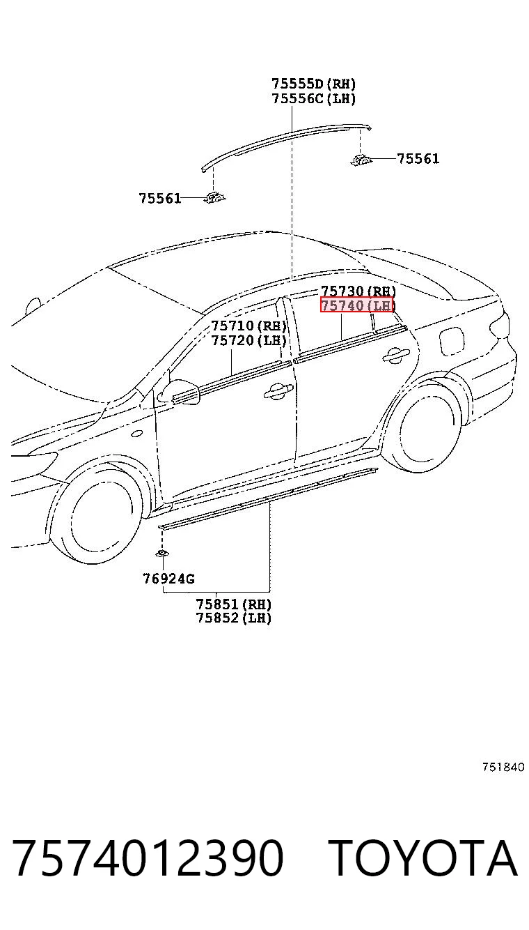 7574012390 Toyota Listwa ochronna szyby opuszczanej drzwi tylnych lewych