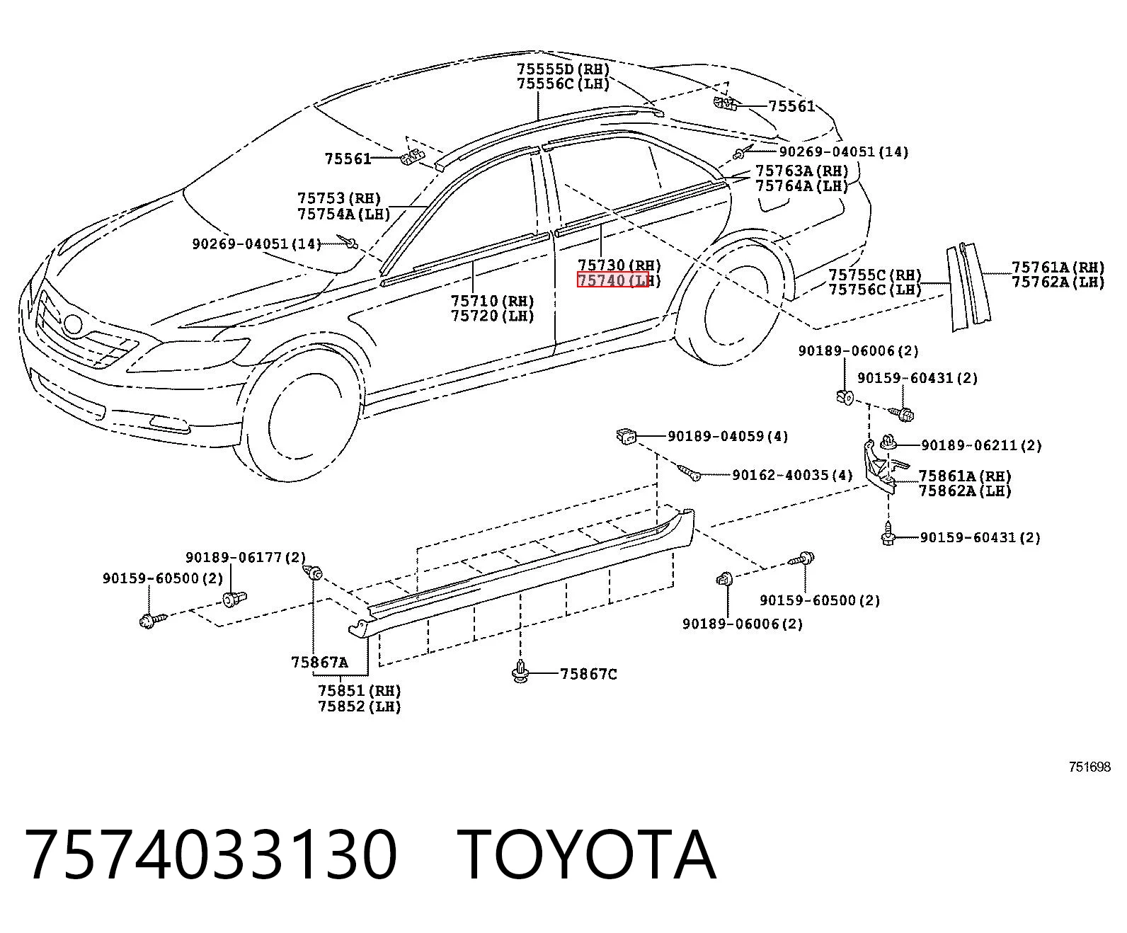 7574033130 Toyota Listwa ochronna szyby opuszczanej drzwi tylnych lewych