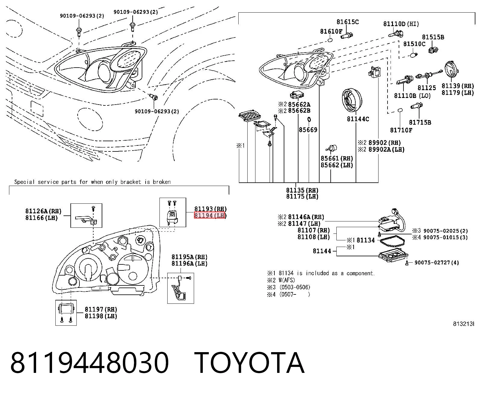 8119448030 Toyota Wsponik (adapter) mocowania reflektora przedniego lewego