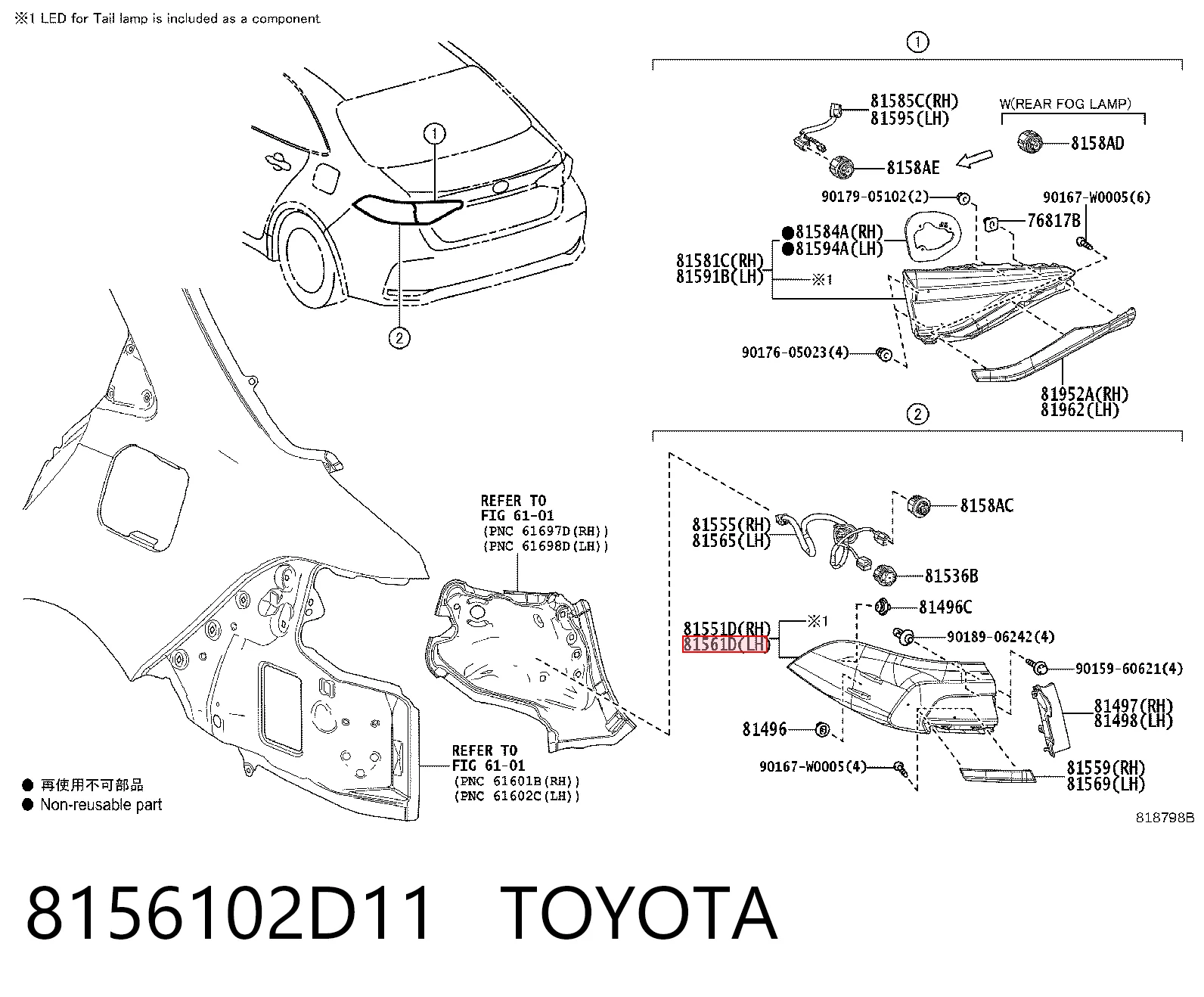 8156102D11 Toyota Lampa zespolona tylna lewa zewnętrzna