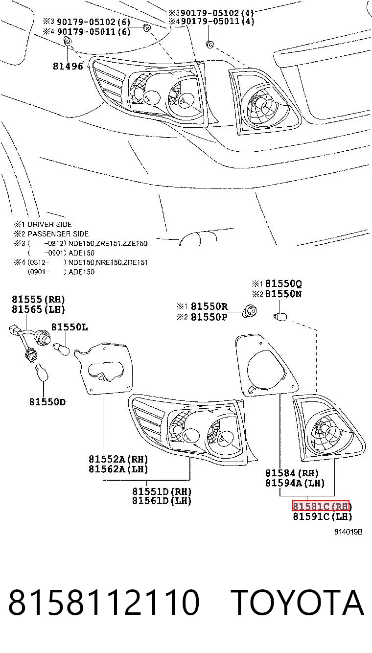 8158112110 Toyota Lampa zespolona tylna prawa wewnętrzna