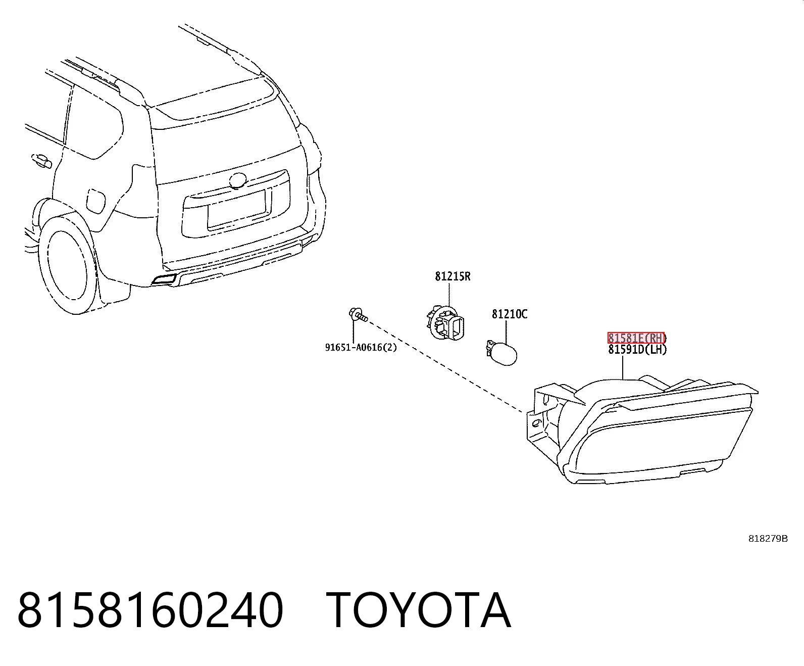 8158160240 Toyota Przednia lampa przeciwmgielna tylna prawa