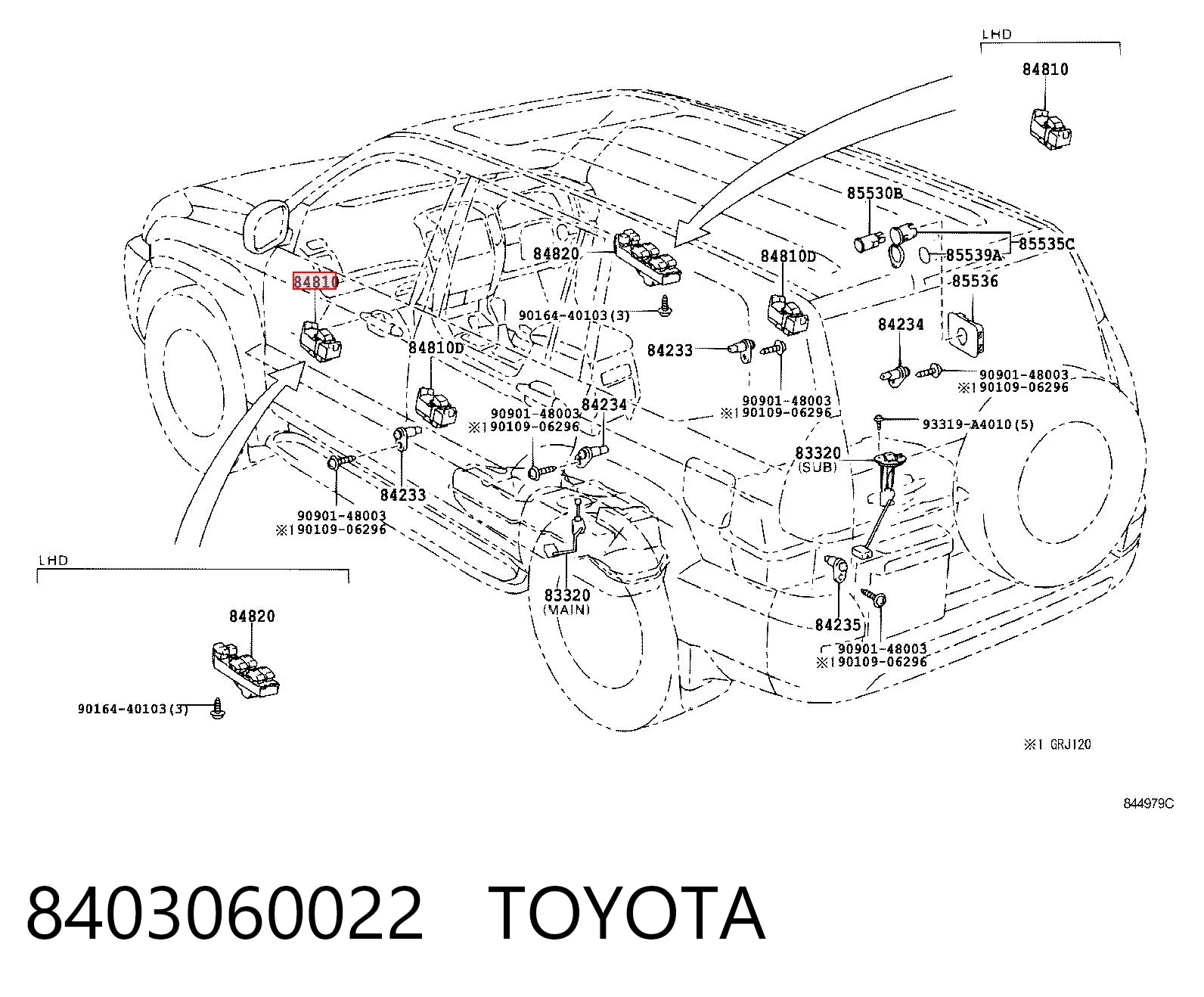 8403060022 Toyota Panel przyciskowy sterowania podnośnikiem szyby przedni lewy