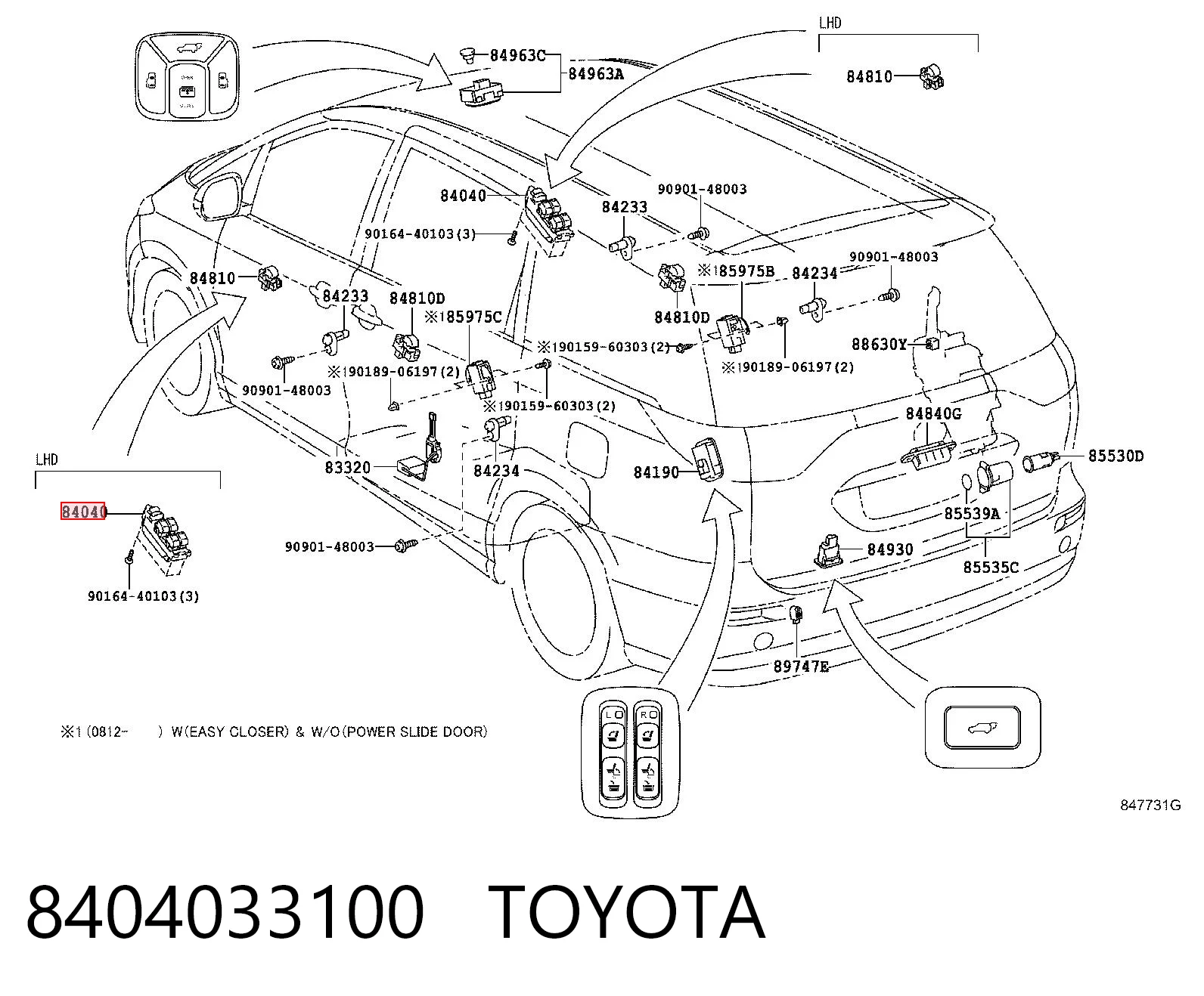 8404033100 Toyota Panel przyciskowy sterowania podnośnikiem szyby przedni lewy