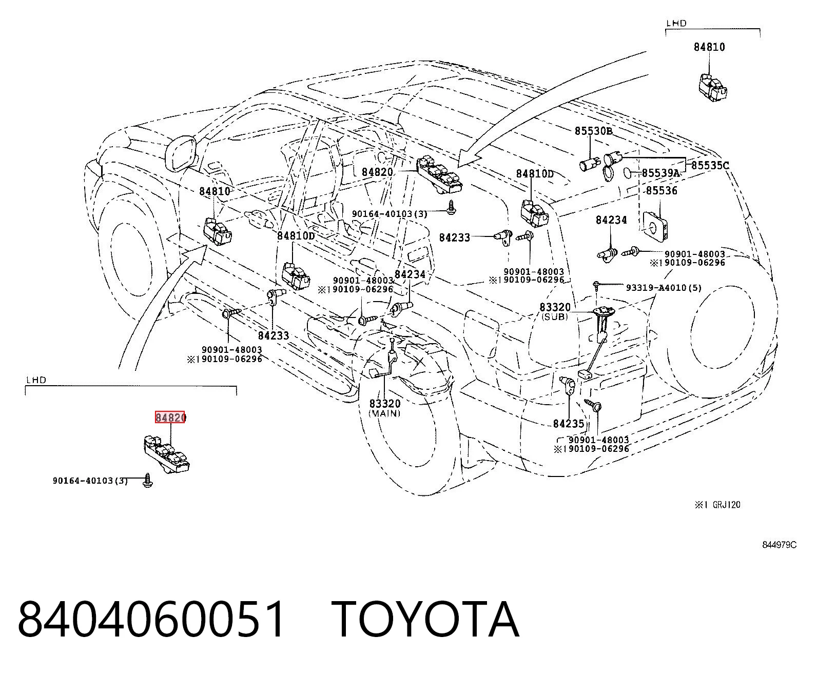 8404060051 Toyota Panel przyciskowy sterowania podnośnikiem szyb konsoli centralnej