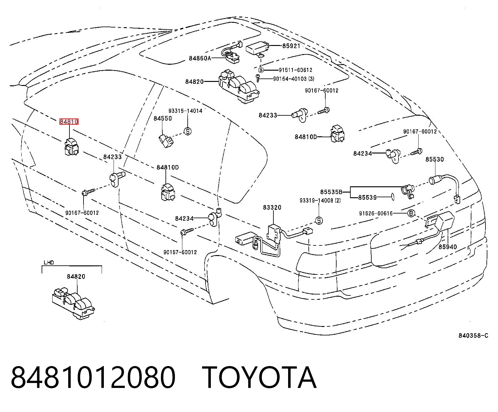 8481012080 Toyota Włącznik przyciskowy podnośnika szyby przedni prawy