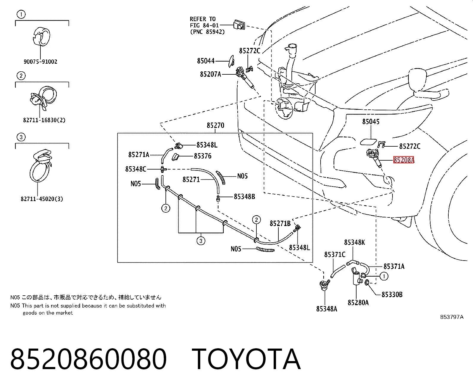 8520860080 Toyota Dysza spryskiwacza reflektora przedniego lewego