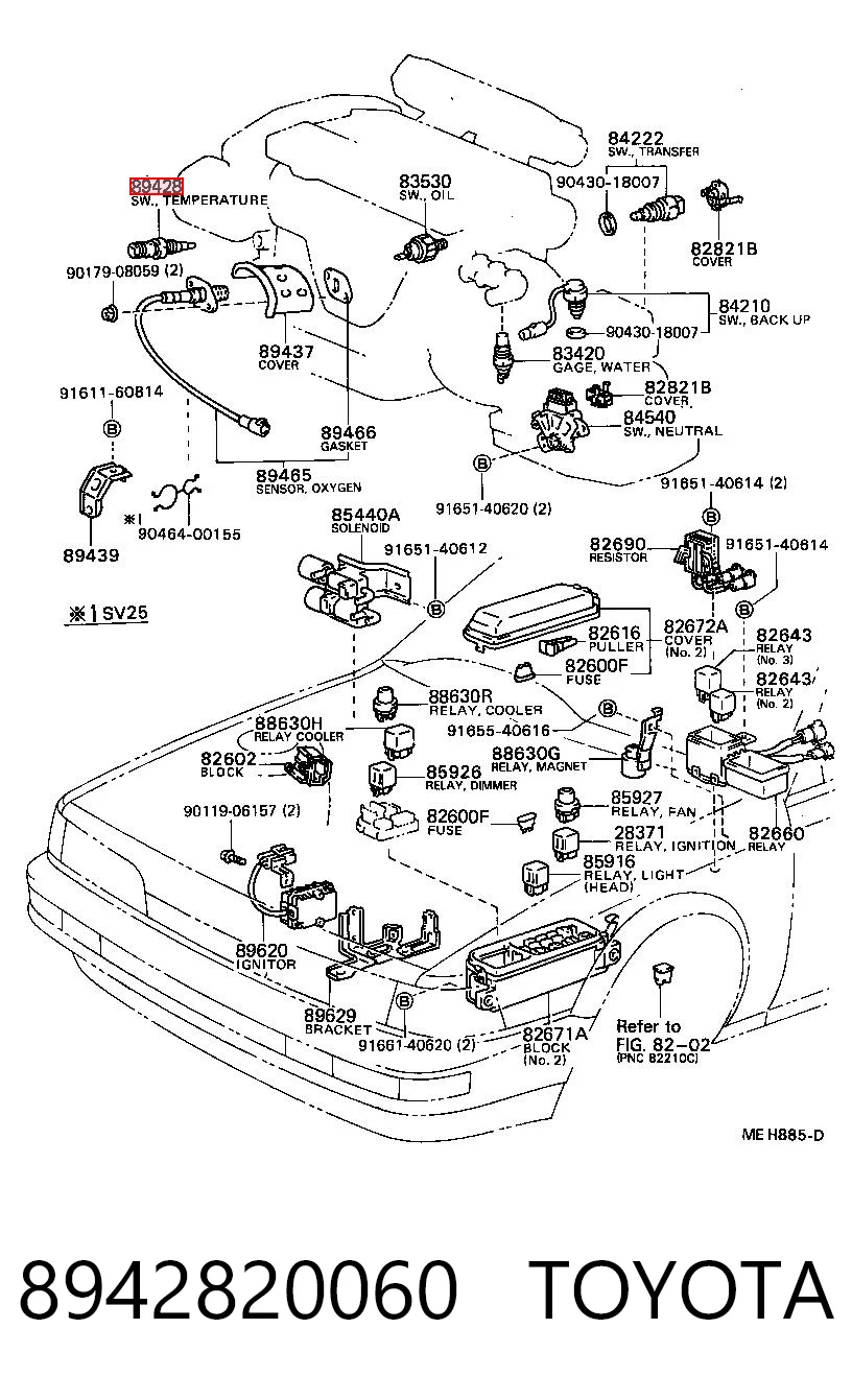Do koszyka Czujnik temperatury płynu chłodzącego (włączenia wentylatora chłodnicy) Toyota Camry II V2