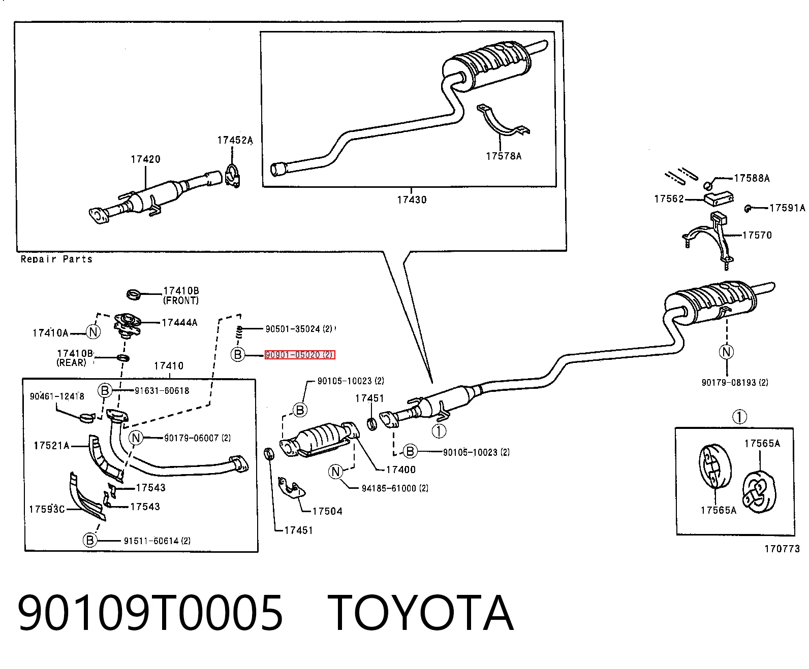 90109T0005 Toyota Śruba układu wydechowego (tłumika)