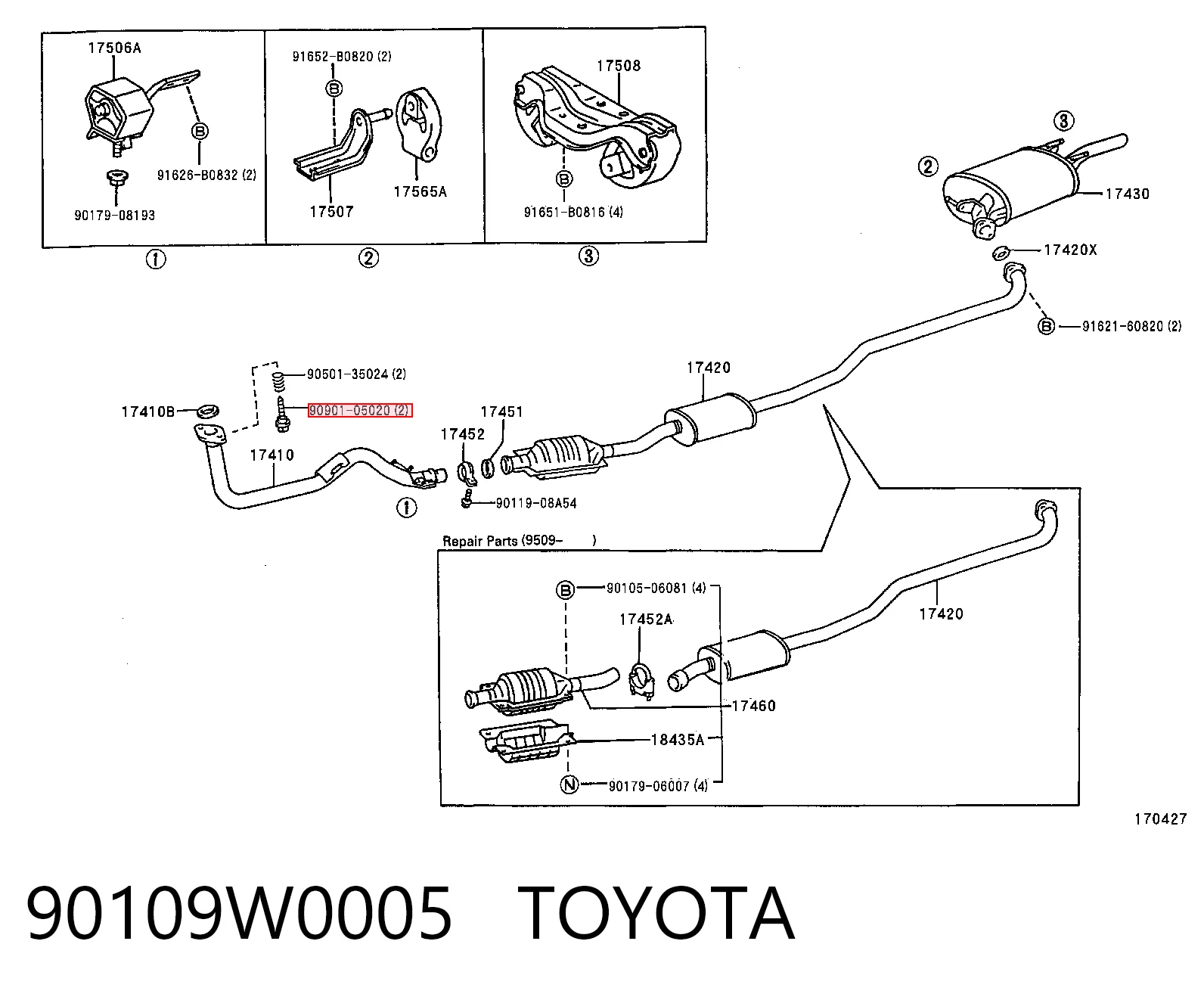 90109W0005 Toyota Śruba układu wydechowego (tłumika)