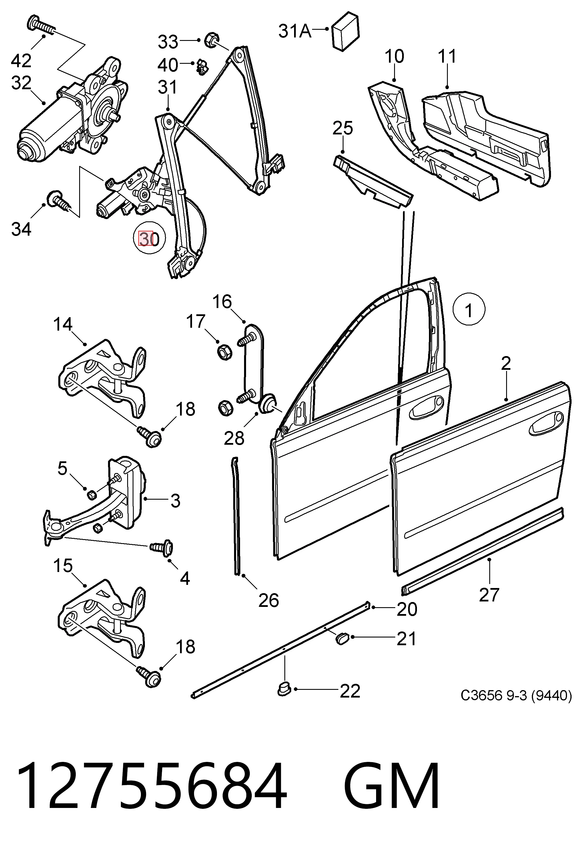 Mechanizm podnoszenia szyby drzwi przednich prawych do Saab 9-3  YS3F