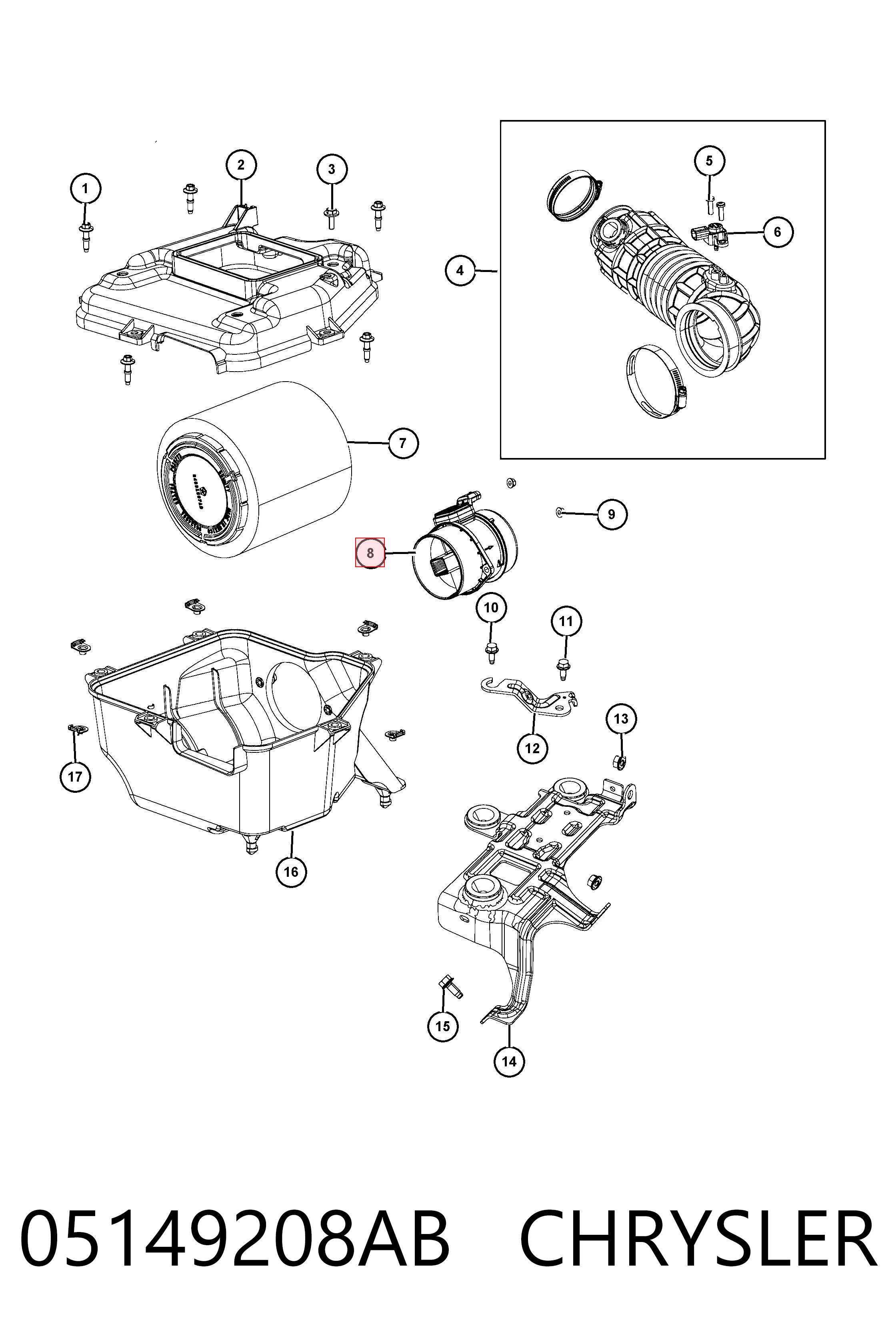 Do koszyka K68069532AA Fiat/Alfa/Lancia Czujnik przepływu powietrza, przepływomierz powietrza M.A.F.