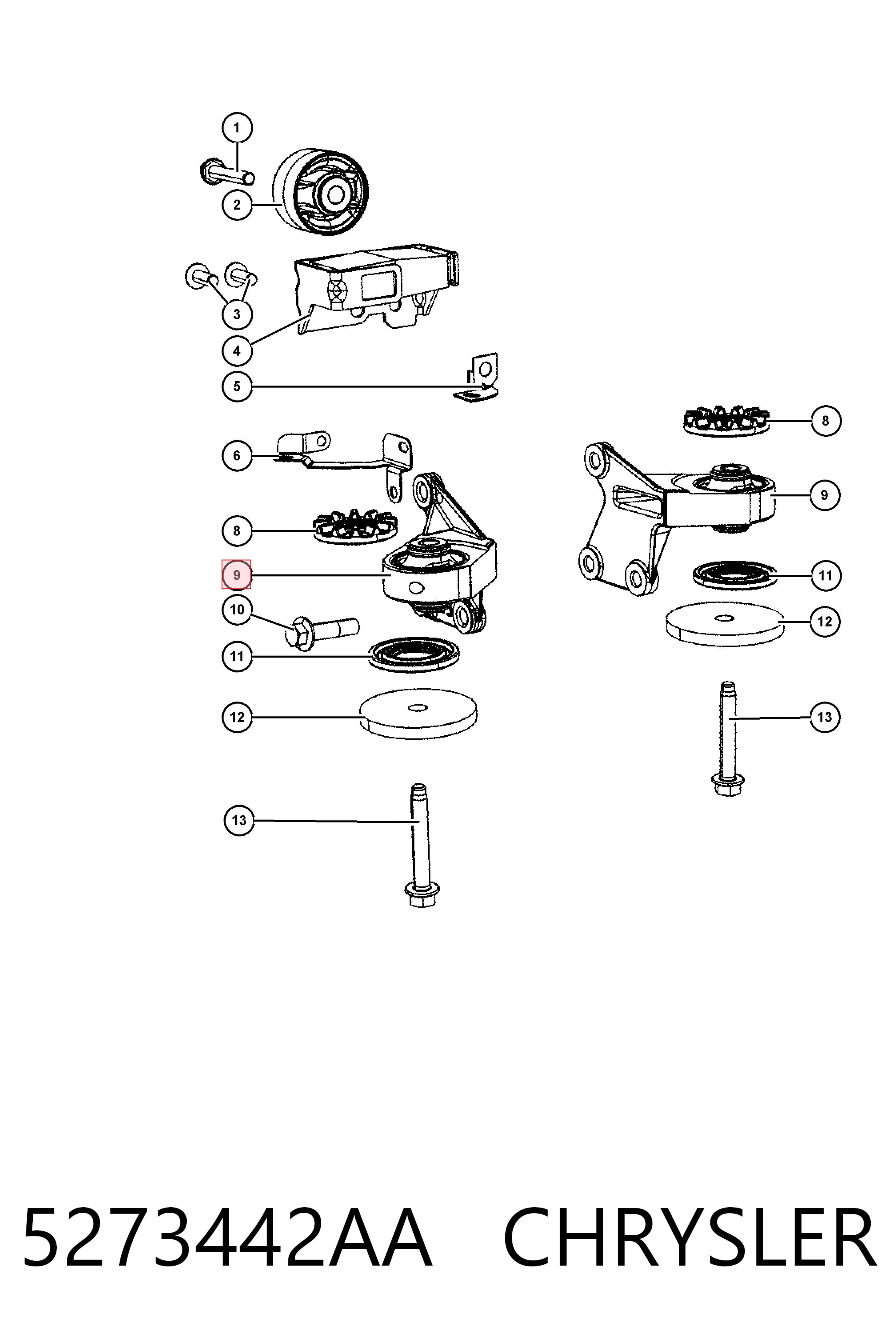 Silentblock trawersu do mocowania przedniego reduktora przedni K05273442AA Fiat/Alfa/Lancia