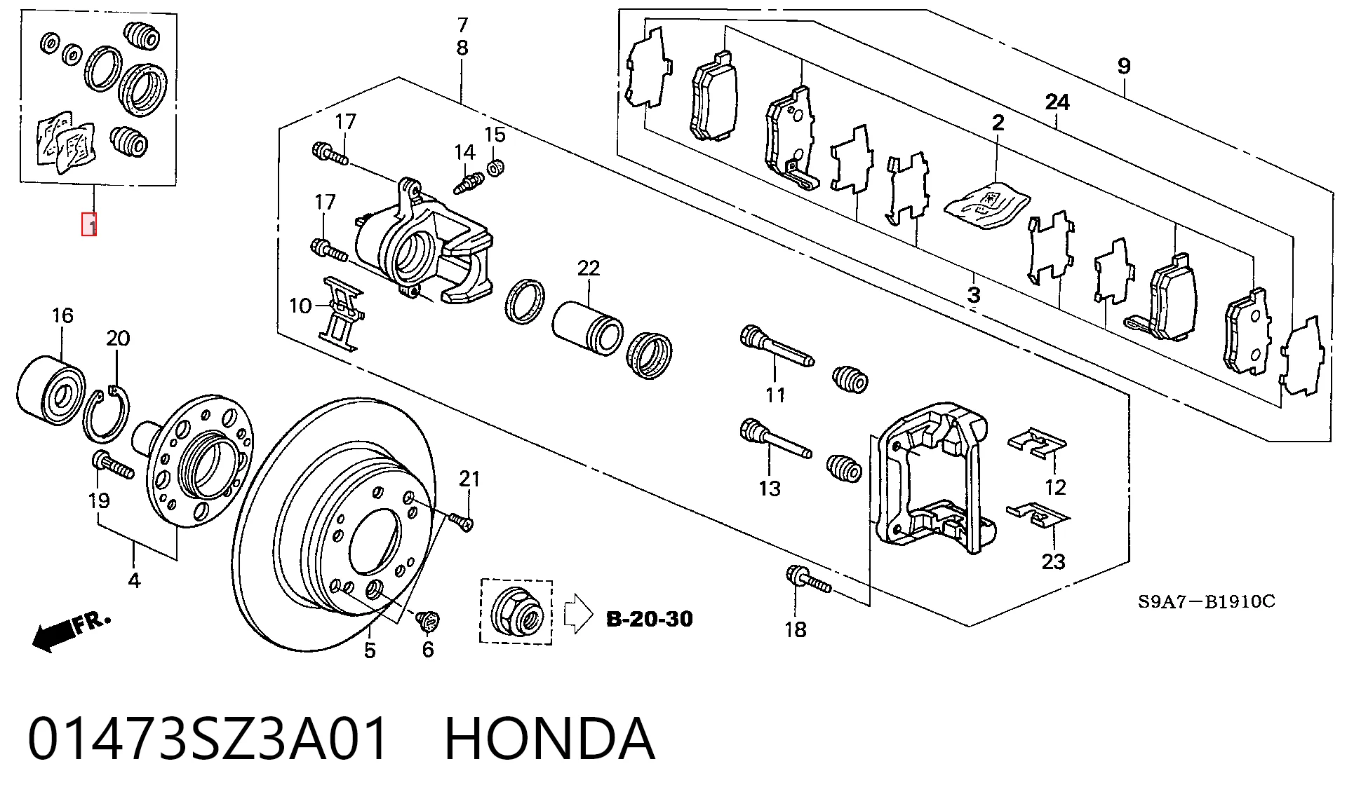 01473SZ3A01 Honda Zestaw naprawczy zacisku hamulcowego tylnego